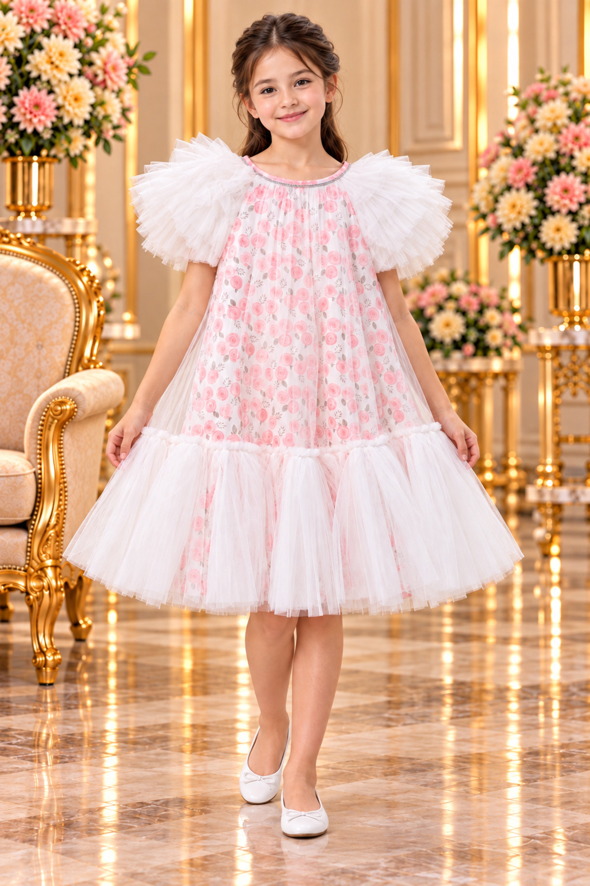 Girls Dress White Rose Pink Ruffle Tulle Dress