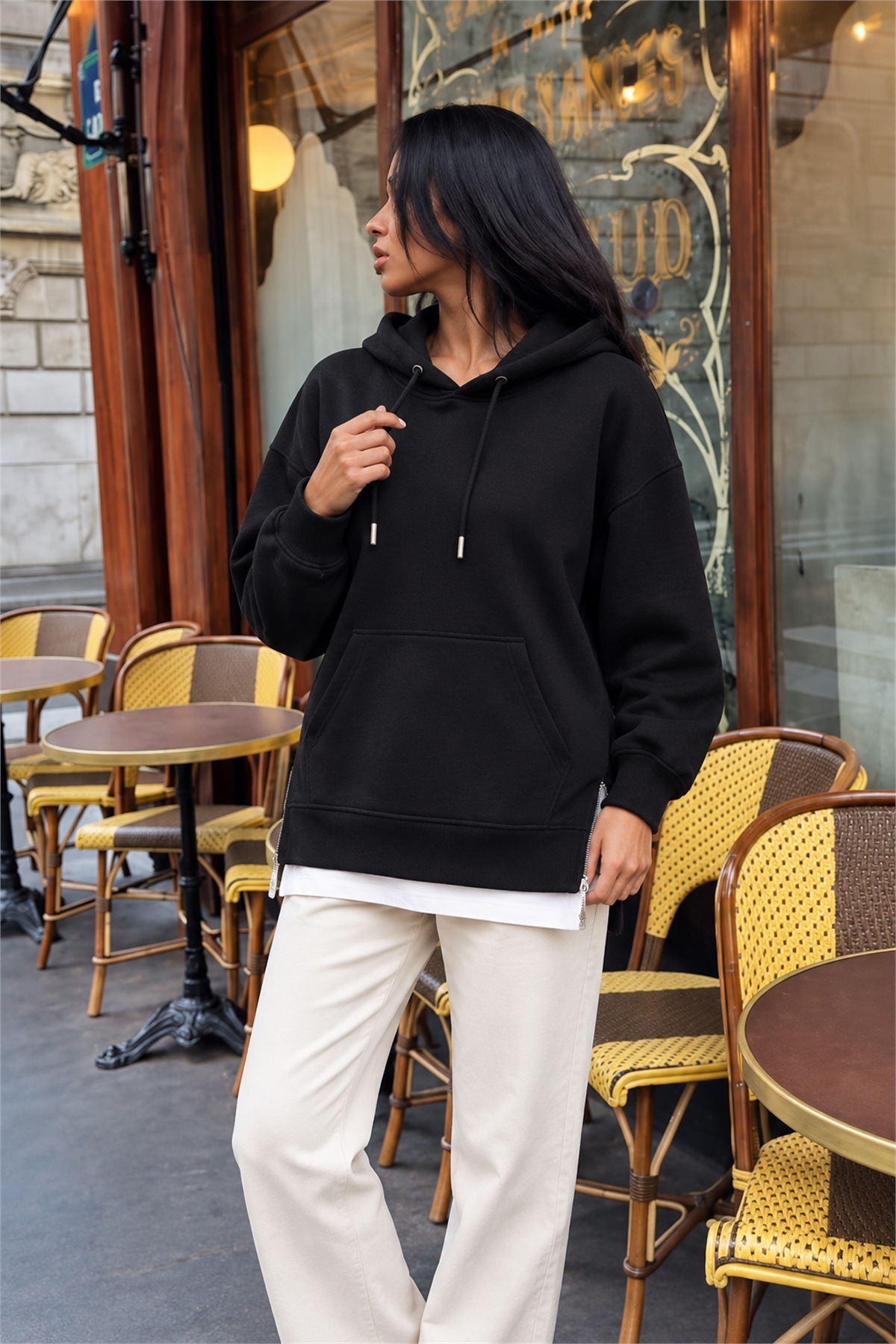 Kadın Kapüşonlu Uzun Kollu Bağcıklı Yanları Fermuarlı Şardonlu İki İplik Sweatshirt Günlük Rahat Şık Salaş Spor Bluz