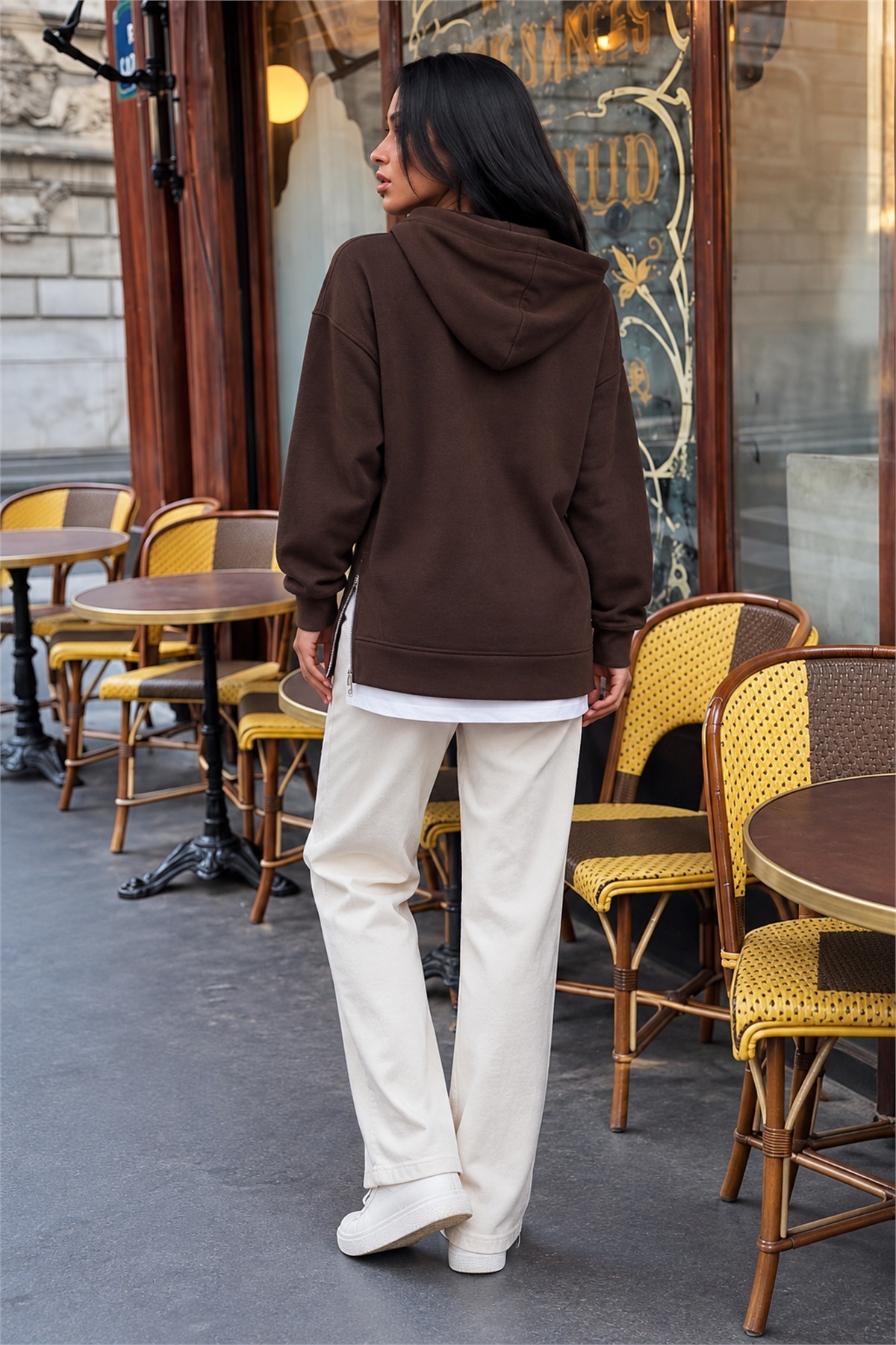 Kadın Kapüşonlu Uzun Kollu Bağcıklı Yanları Fermuarlı Şardonlu İki İplik Sweatshirt Günlük Rahat Şık Salaş Spor Bluz