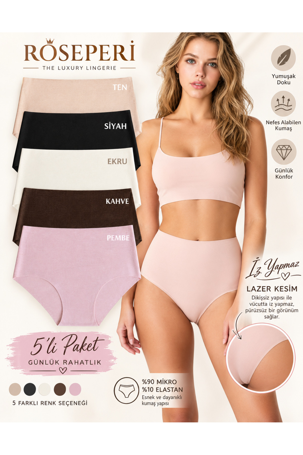 ROSEPERİ Women's Panties 5-Piece Laser Cut Seamless Non-Marking Gathering Hig...