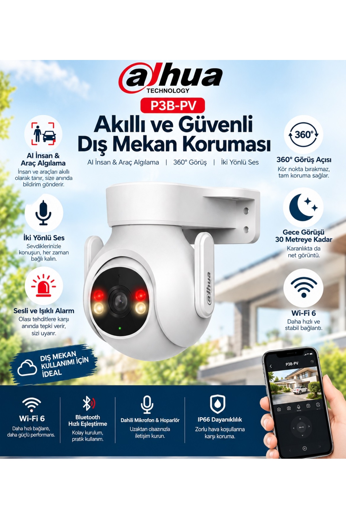 Dahua P3B-PV 3MP Dış Mekan Sabit Odaklı Wi-Fi Pan & Tilt Ağ