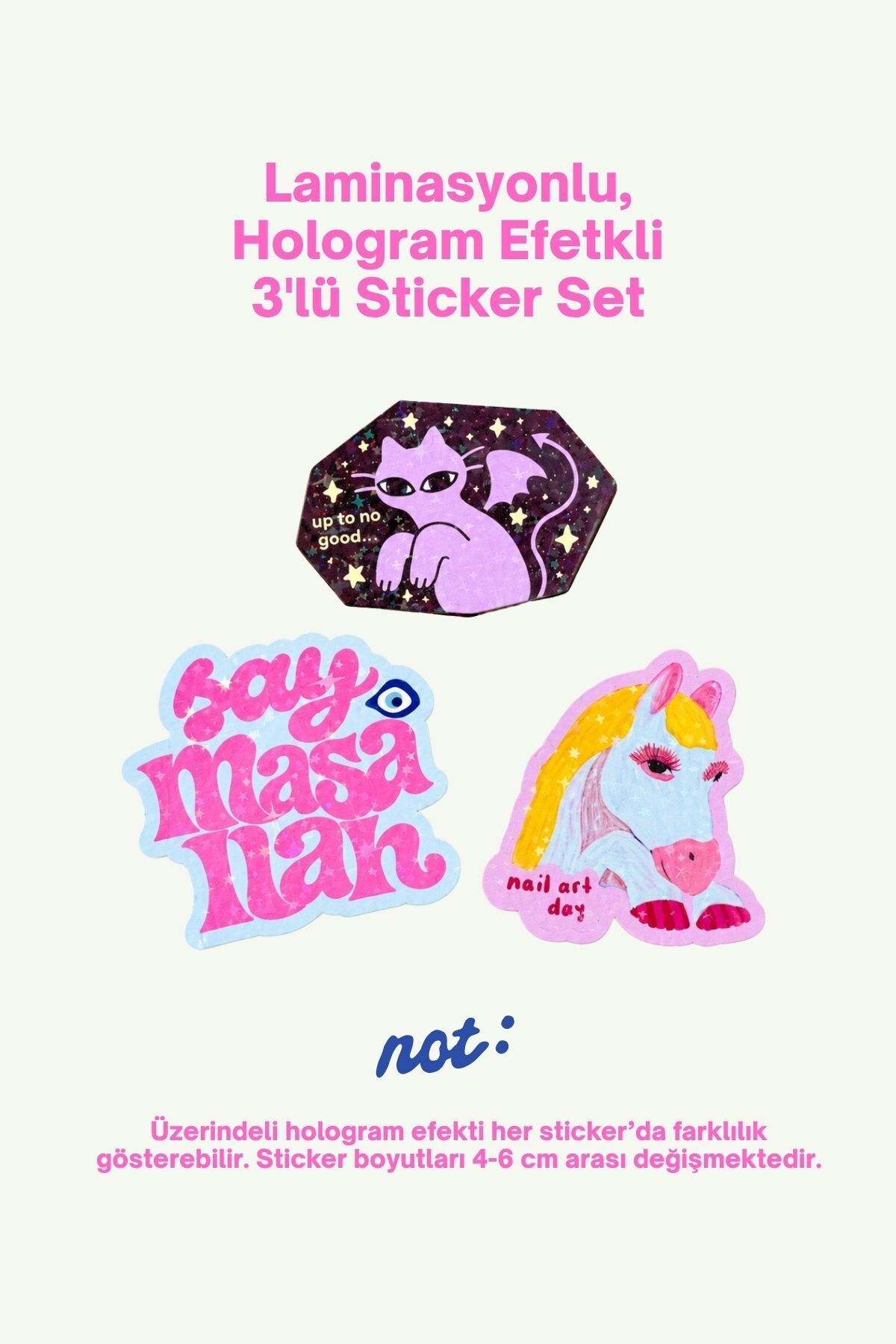 Pembe 3’lü Hologram Efektli Laminasyonlu Sticker Seti, Ajanda Etiketi, Çok Amaçlı Sticker, Su Geçirmez