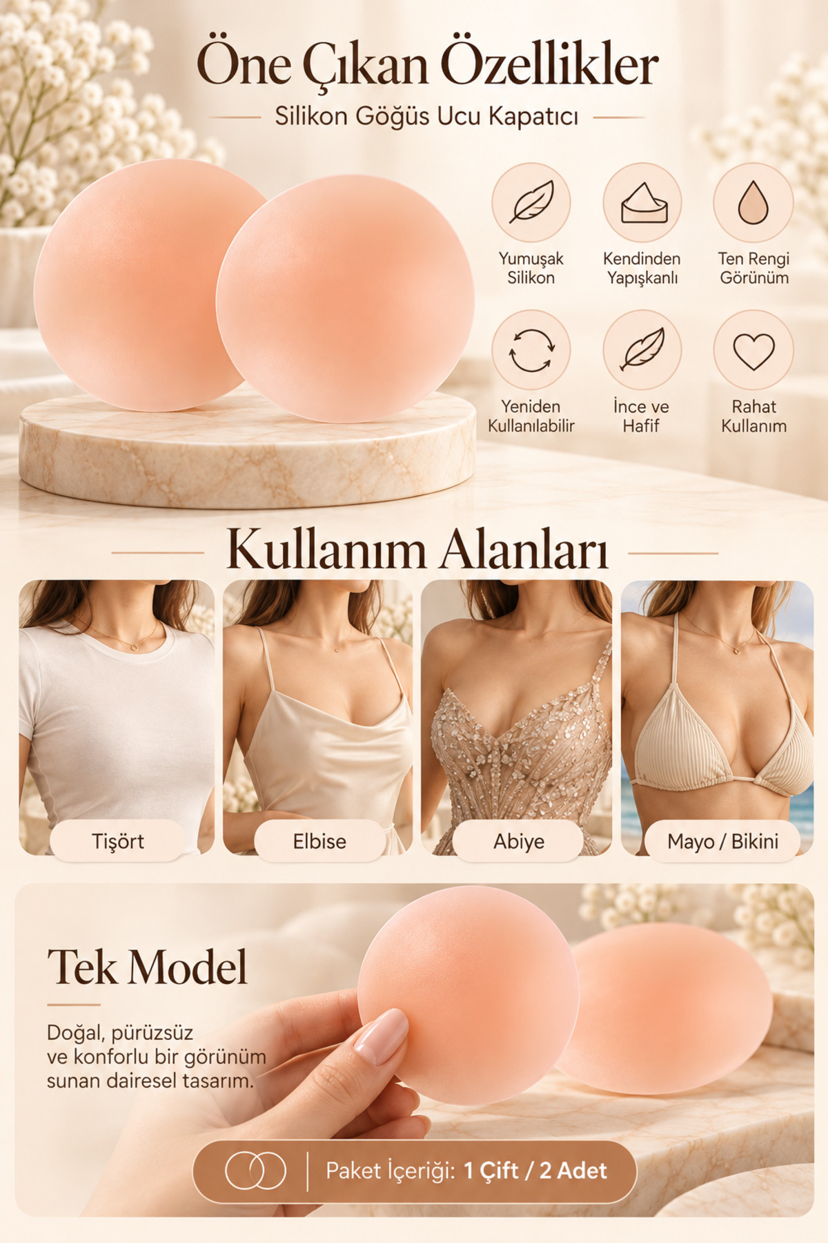 Silikon Göğüs Ucu Kapatıcı Ten Rengi Yapışkanlı Gizleyici Nipple Pad 1 Çift 2 Adet