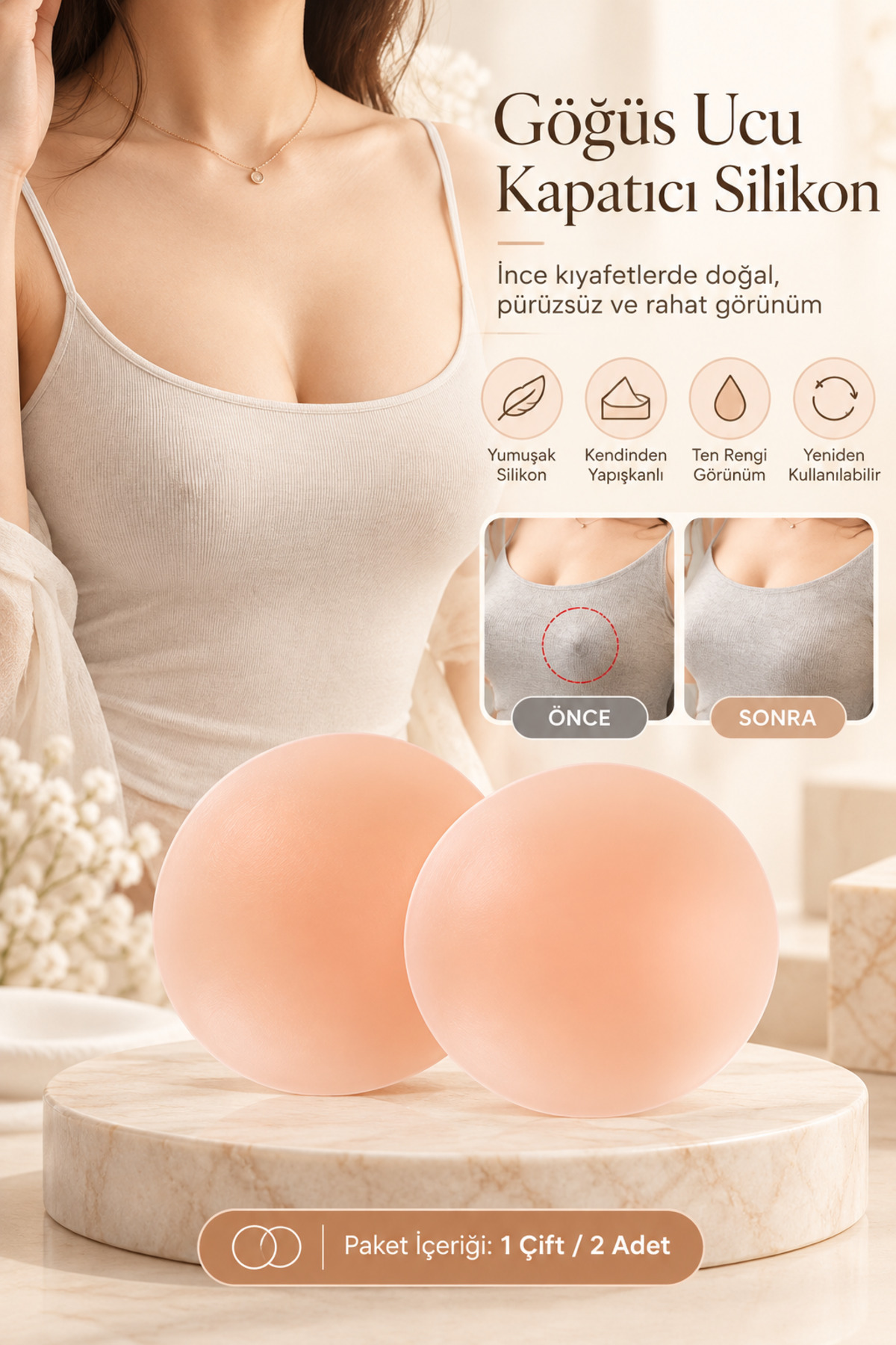 Silikon Göğüs Ucu Kapatıcı Ten Rengi Yapışkanlı Gizleyici Nipple Pad 1 Çift 2 Adet