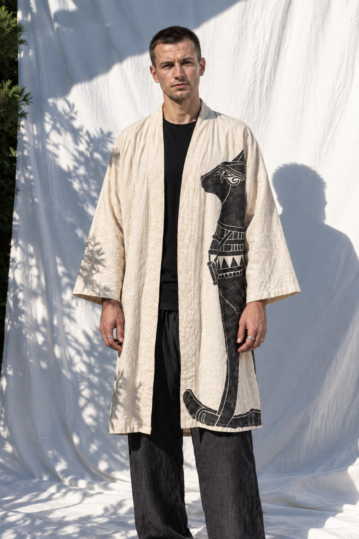 Büyük Antik Mısır Kedi Baskılı El yapımı Unisex Keten Kimono Kaftan — Turuncu · Görünüm 2
