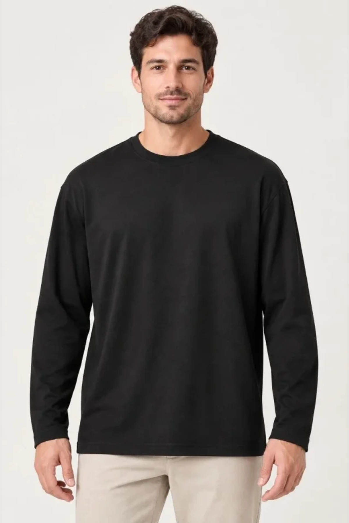 Erkek Modal Yumuşak Dokulu Bisiklet Yaka Uzun Kollu Tişört Sweatshirt - Siyah