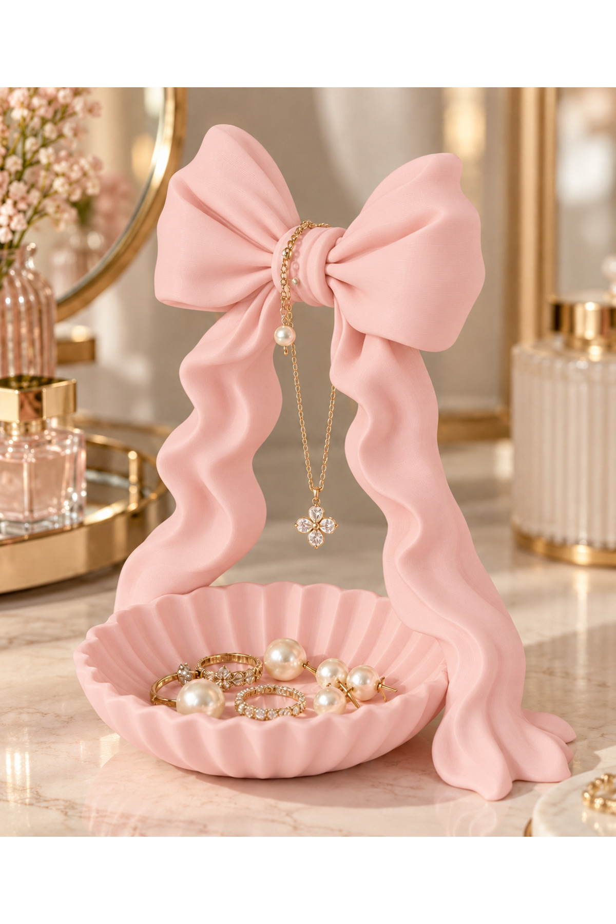 Sovia fiyonk detaylı takı standı, pastel pembe fiyonk biçimli takı standında kolye ve takıların sergilendiği görünüm.