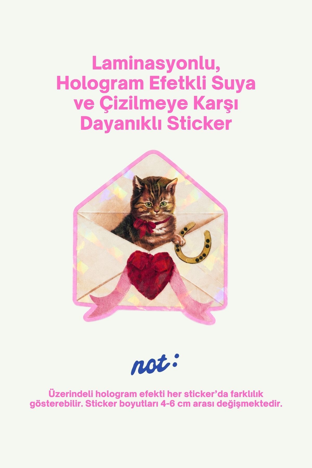 Hologram Efektli Laminasyonlu Tekli Sticker, Kedi Figürlü Etiket, Çok Amaçlı, Su Geçirmez ve Çizilmeye Dayanıklı Sticker