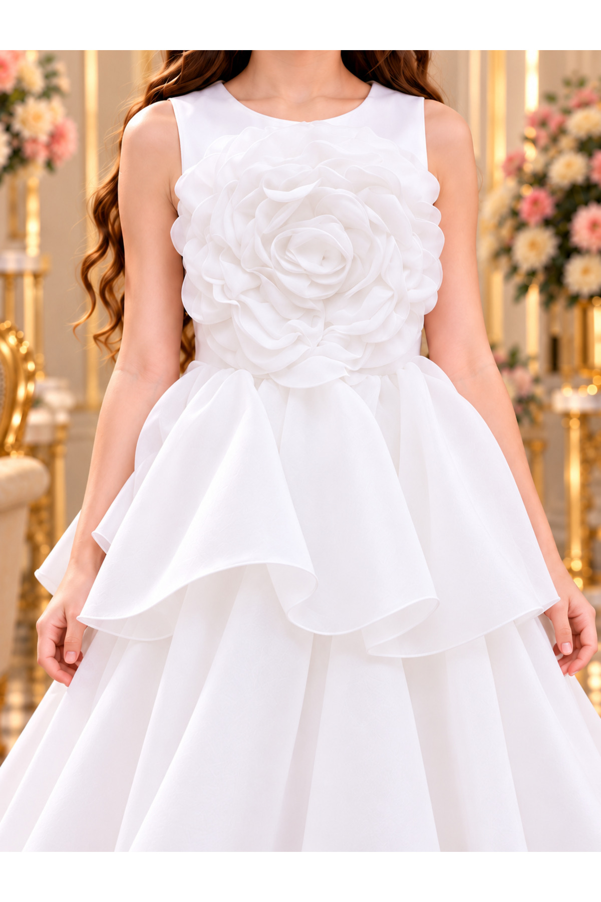 Girls' White Dress with Embossed Rose and Layered Skirt for Special Occasions
