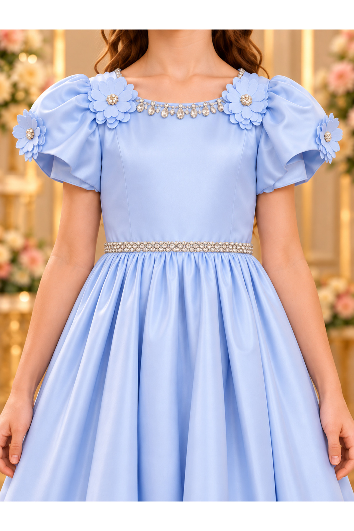 Sky Blue Girls Pageant Dress with Embossed Flowers and Puffy Sleeves
