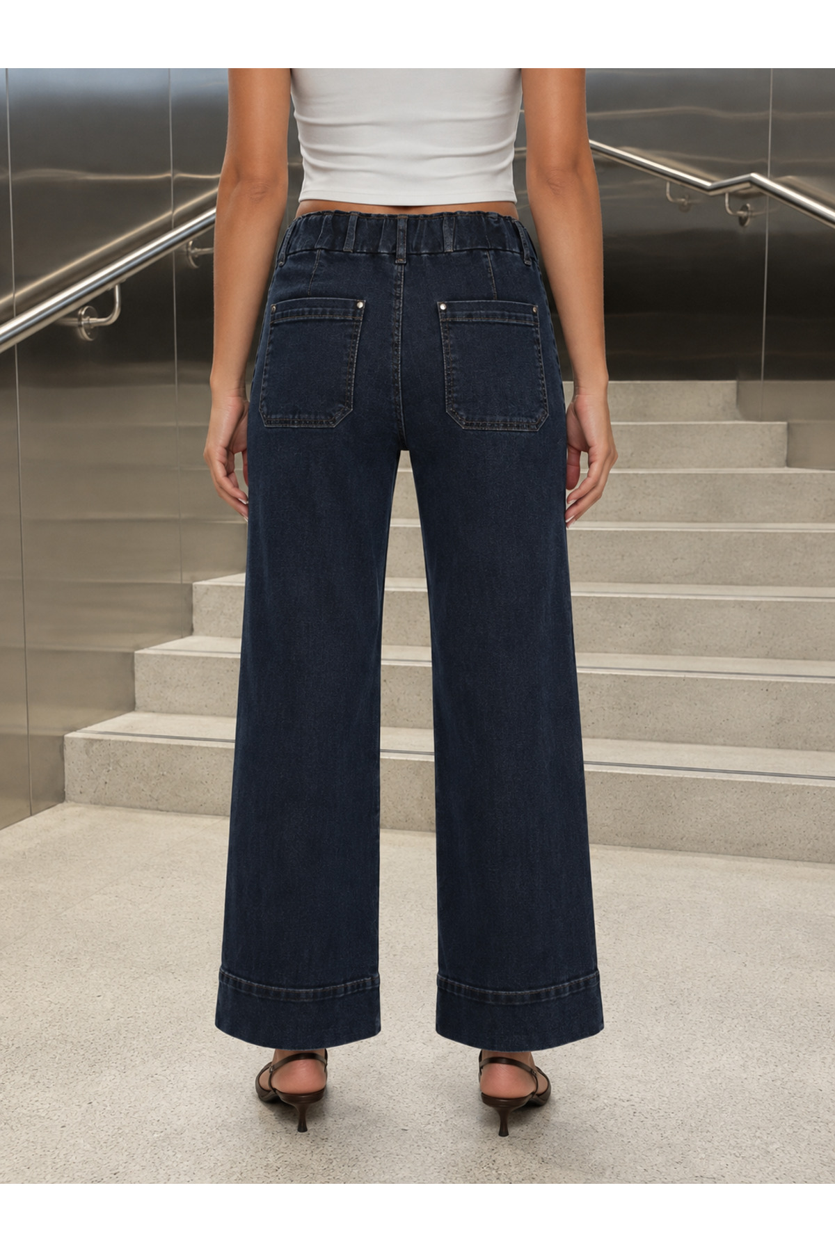 Kadın Beli Lastikli Ön Cepli Jean Pantolon - Görsel 4