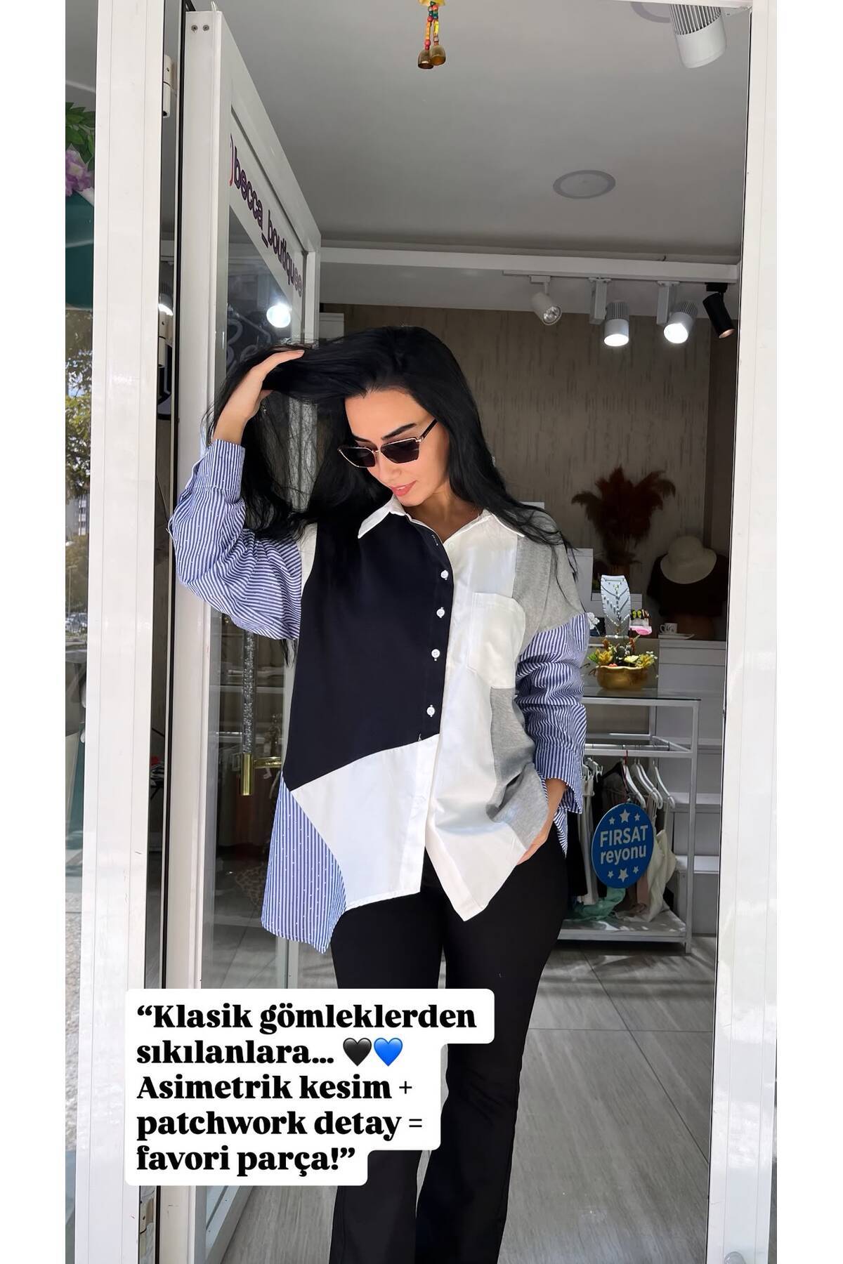 Asimetrik Kesim Kol Ve Yan Çizgi Detaylı Oversize Lacivert Tasarım Gömlek