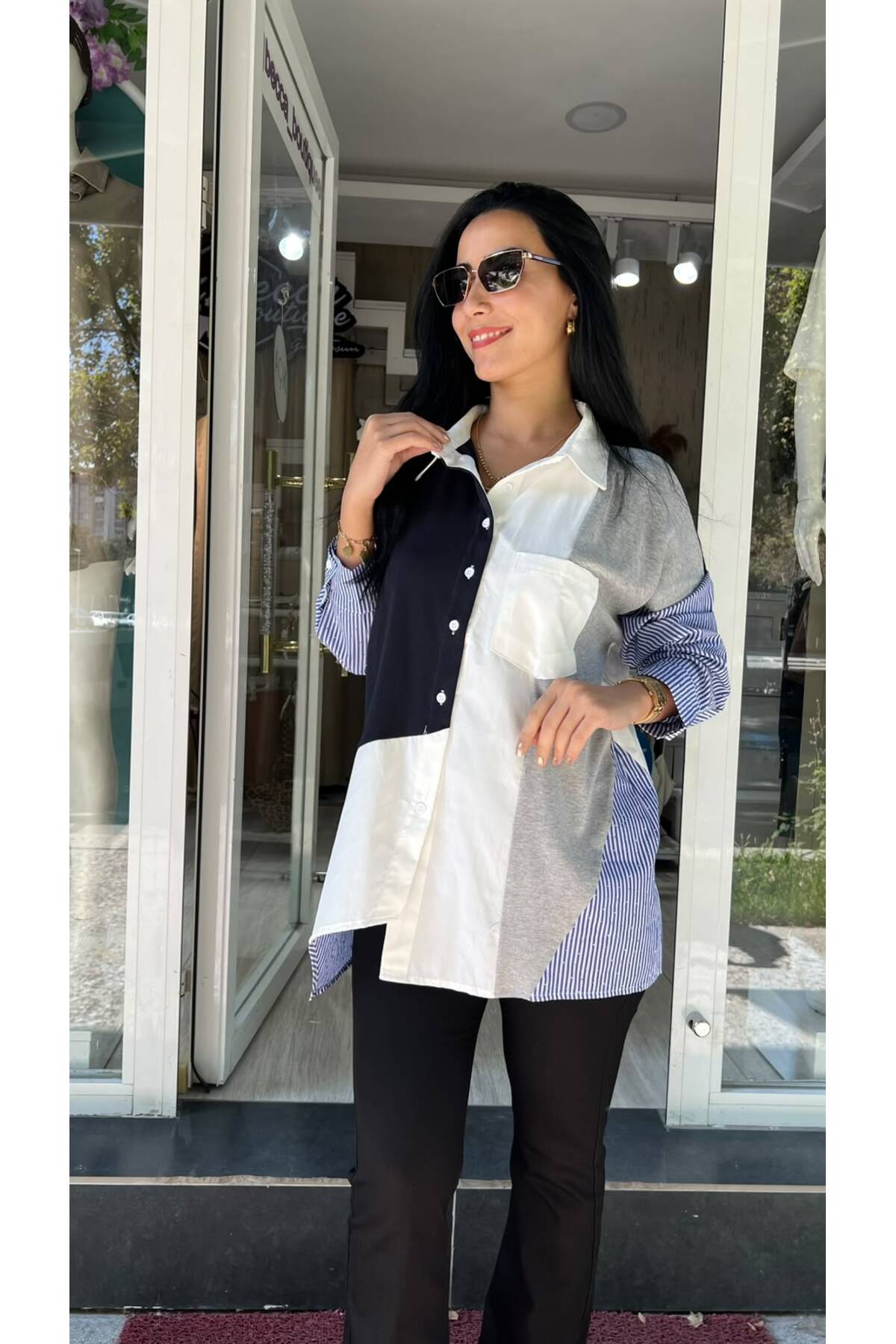 Asimetrik Kesim Kol Ve Yan Çizgi Detaylı Oversize Lacivert Tasarım Gömlek