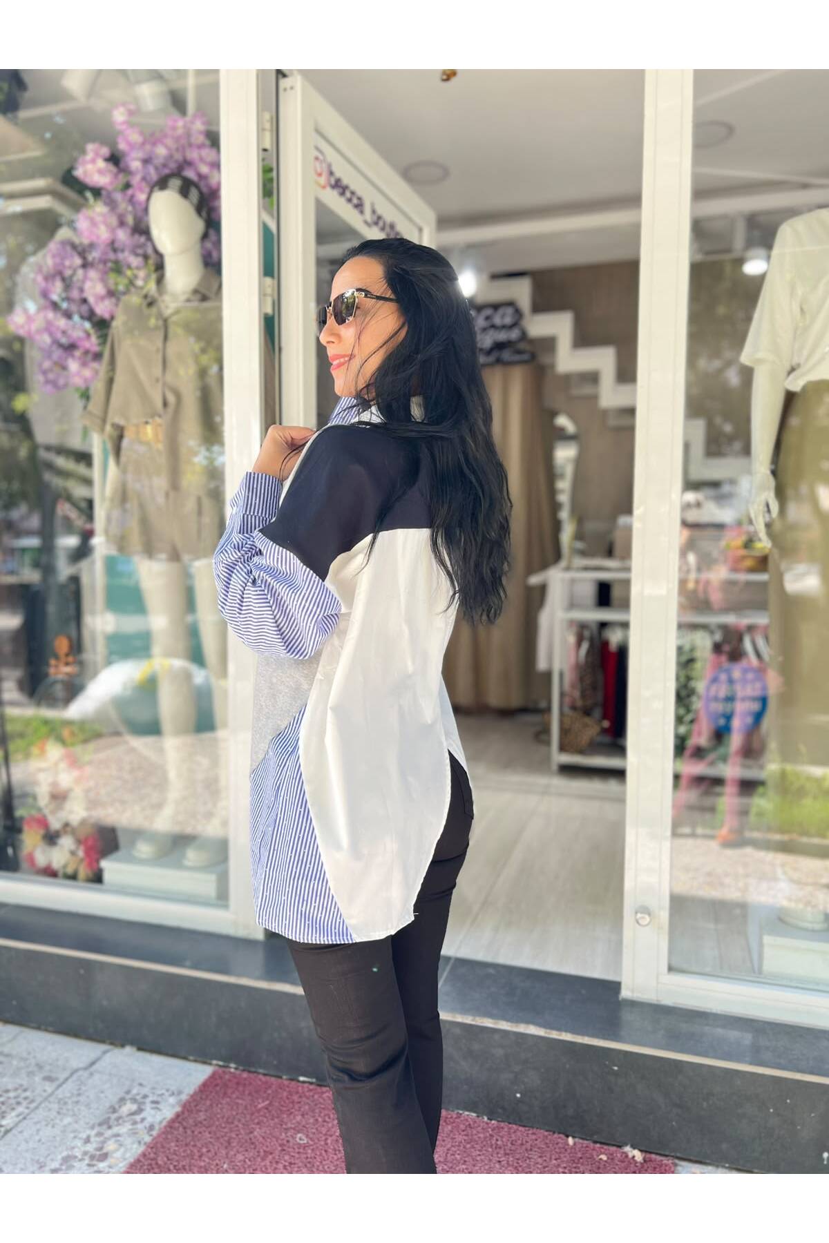 Asimetrik Kesim Kol Ve Yan Çizgi Detaylı Oversize Lacivert Tasarım Gömlek