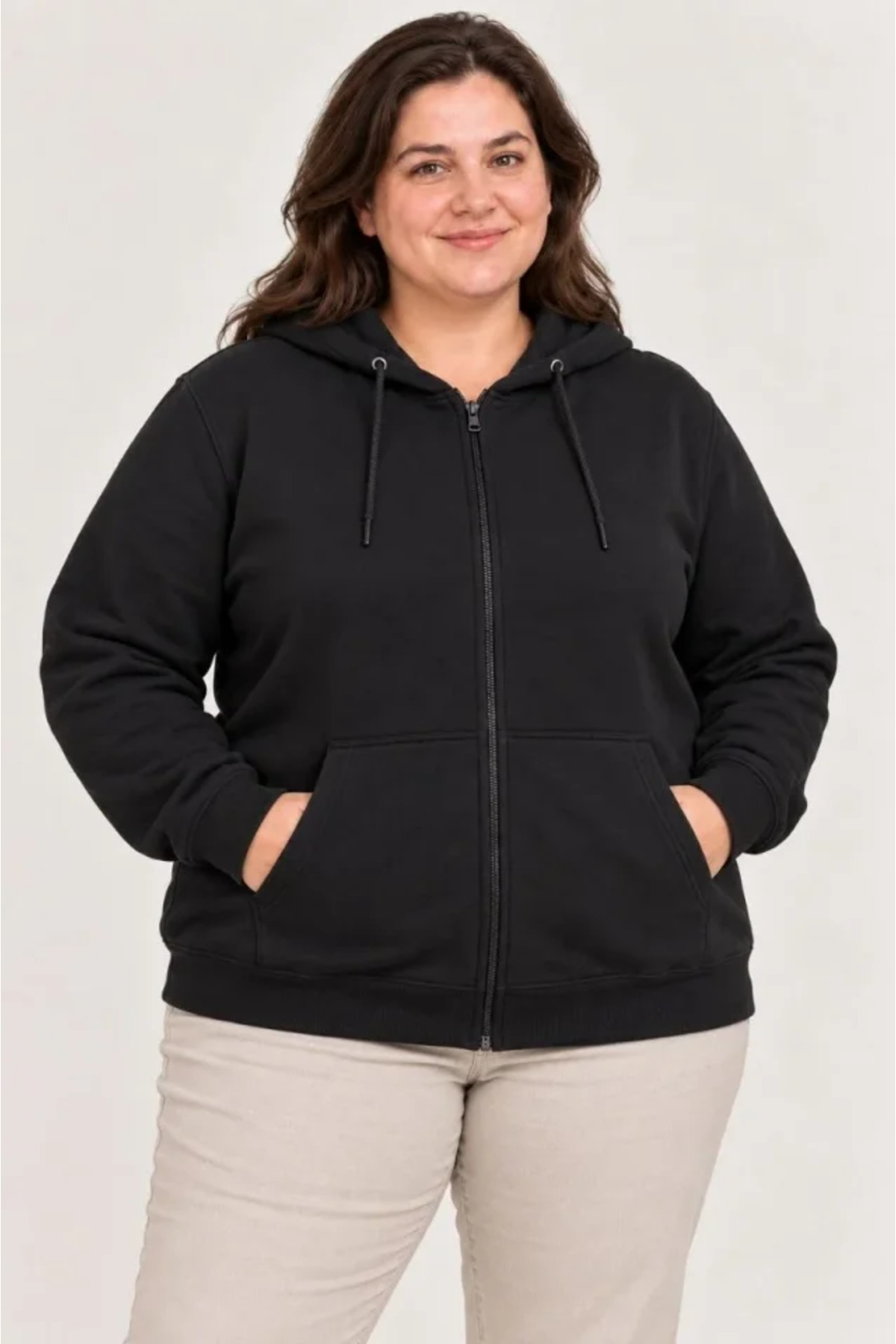Battal Büyük Beden Üç İplik İçi Şardonlu Kapüşonlu Tam Fermuarlı Kışlık Sweatshirt - Siyah