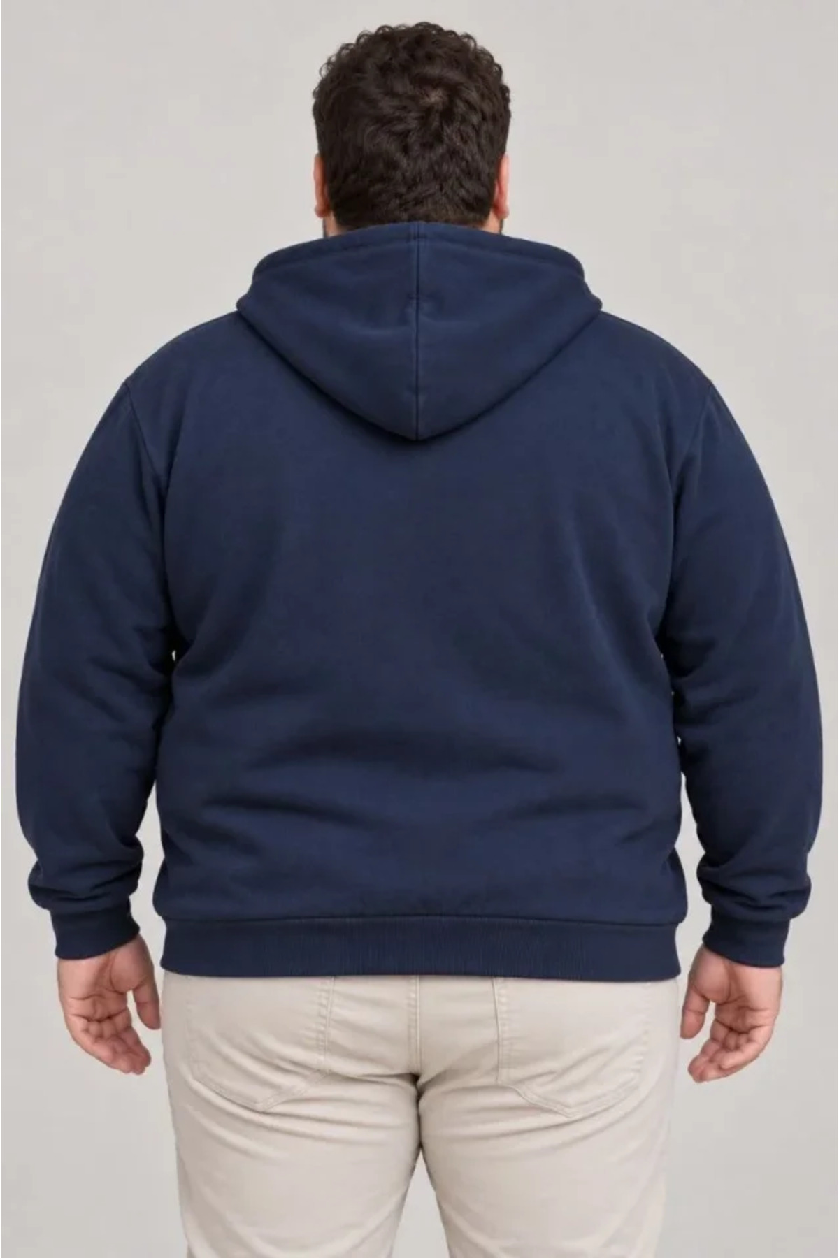 Erkek Battal Büyük Beden Üç İplik İçi Şardonlu Kapüşonlu Tam Fermuarlı Kışlık Sweatshirt - Lacivert
