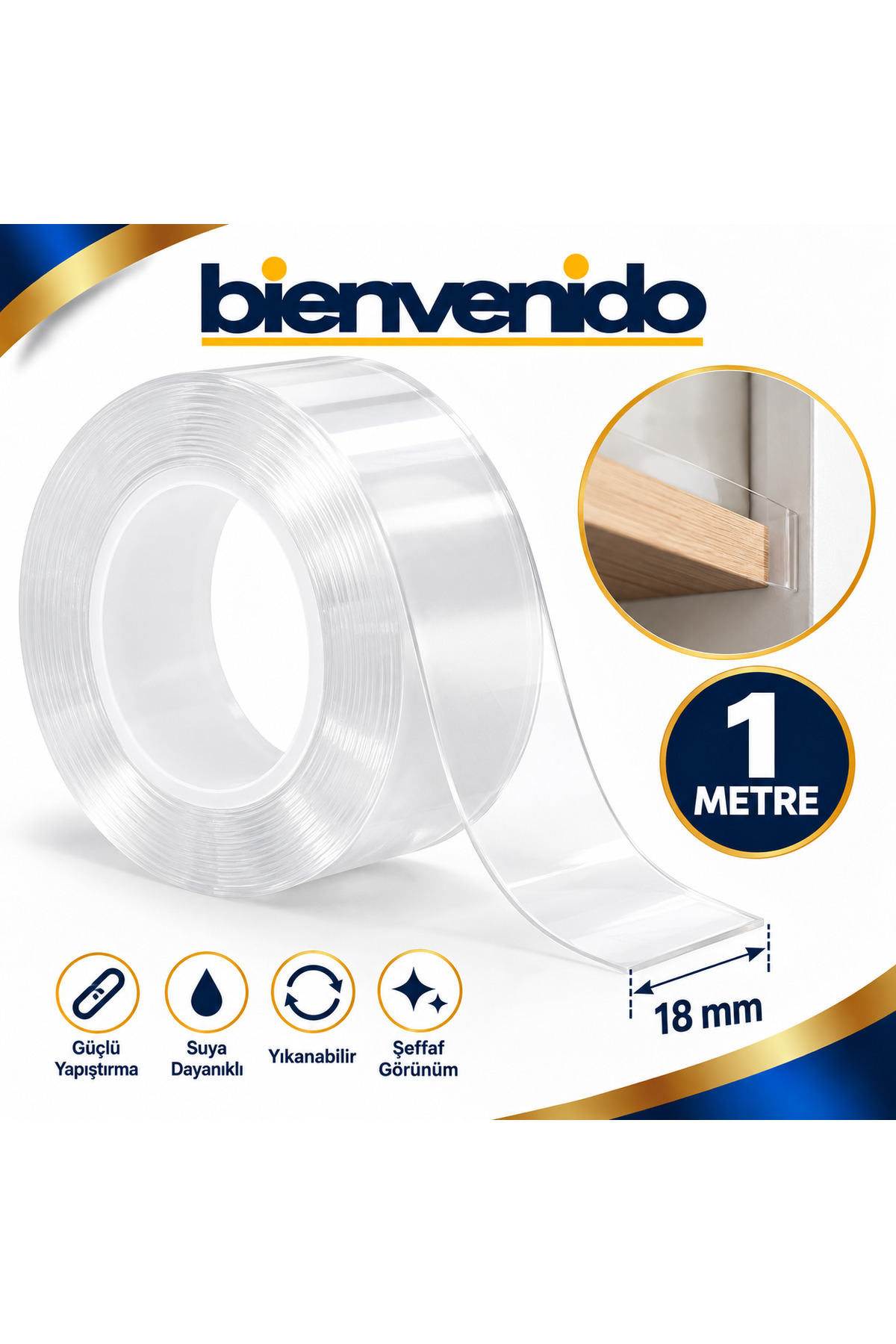 Çift Taraflı Nano Bant Montaj Çok Amaçlı Güçlü Yapıştırma Bandı Şeffaf 18 mm x 1 Metre Yıkanabilir