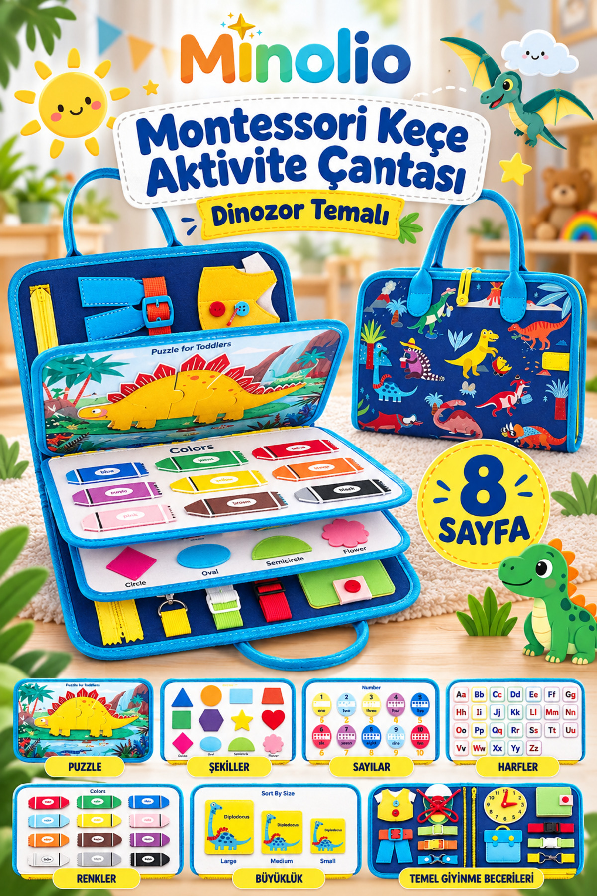 Minolio Montessori Keçe Aktivite Çantası Mavi – 8 Sayfa Dinazor