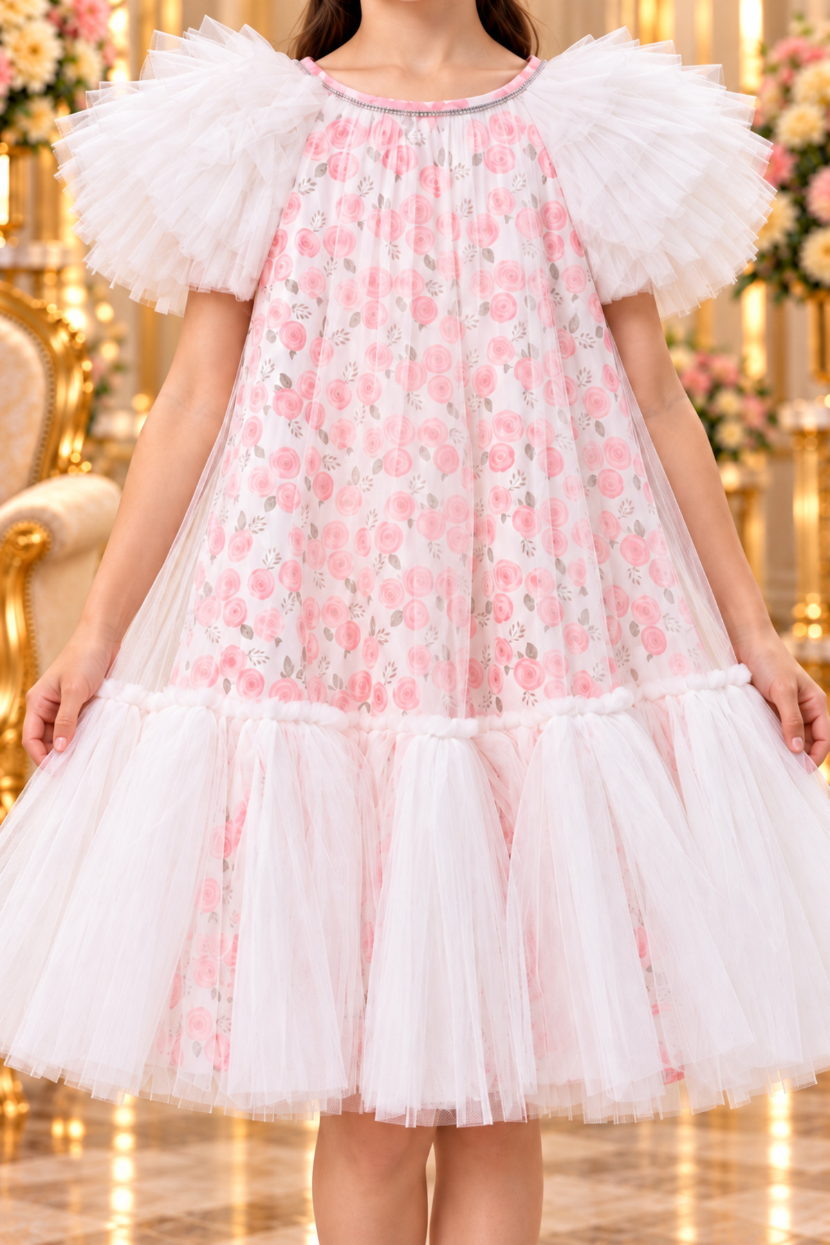 Girls Dress White Rose Pink Ruffle Tulle Dress