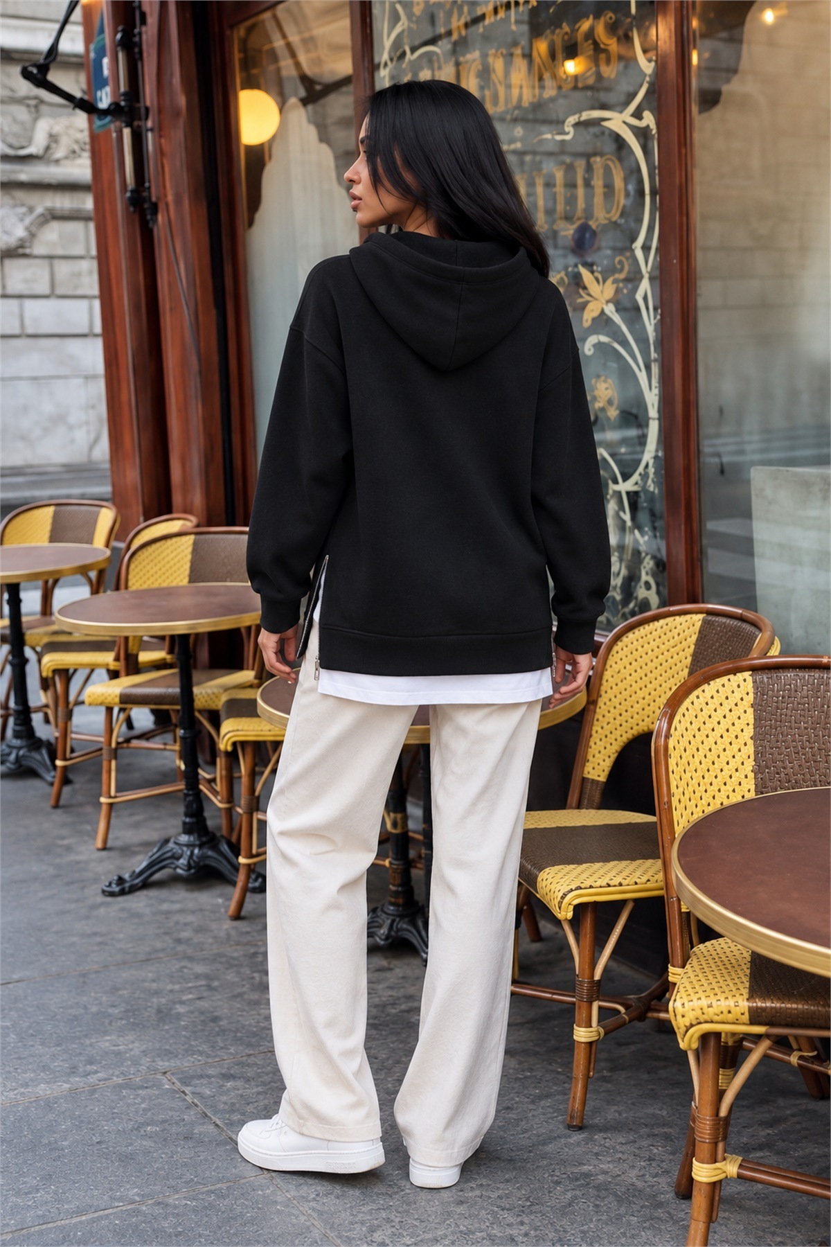 Kadın Kapüşonlu Uzun Kollu Bağcıklı Yanları Fermuarlı Şardonlu İki İplik Sweatshirt Günlük Rahat Şık Salaş Spor Bluz