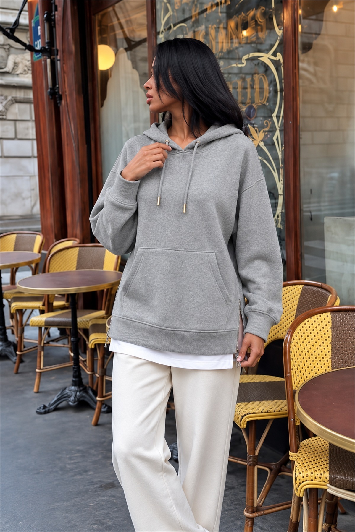 Kadın Kapüşonlu Uzun Kollu Bağcıklı Yanları Fermuarlı Şardonlu İki İplik Sweatshirt Günlük Rahat Şık Salaş Spor Bluz