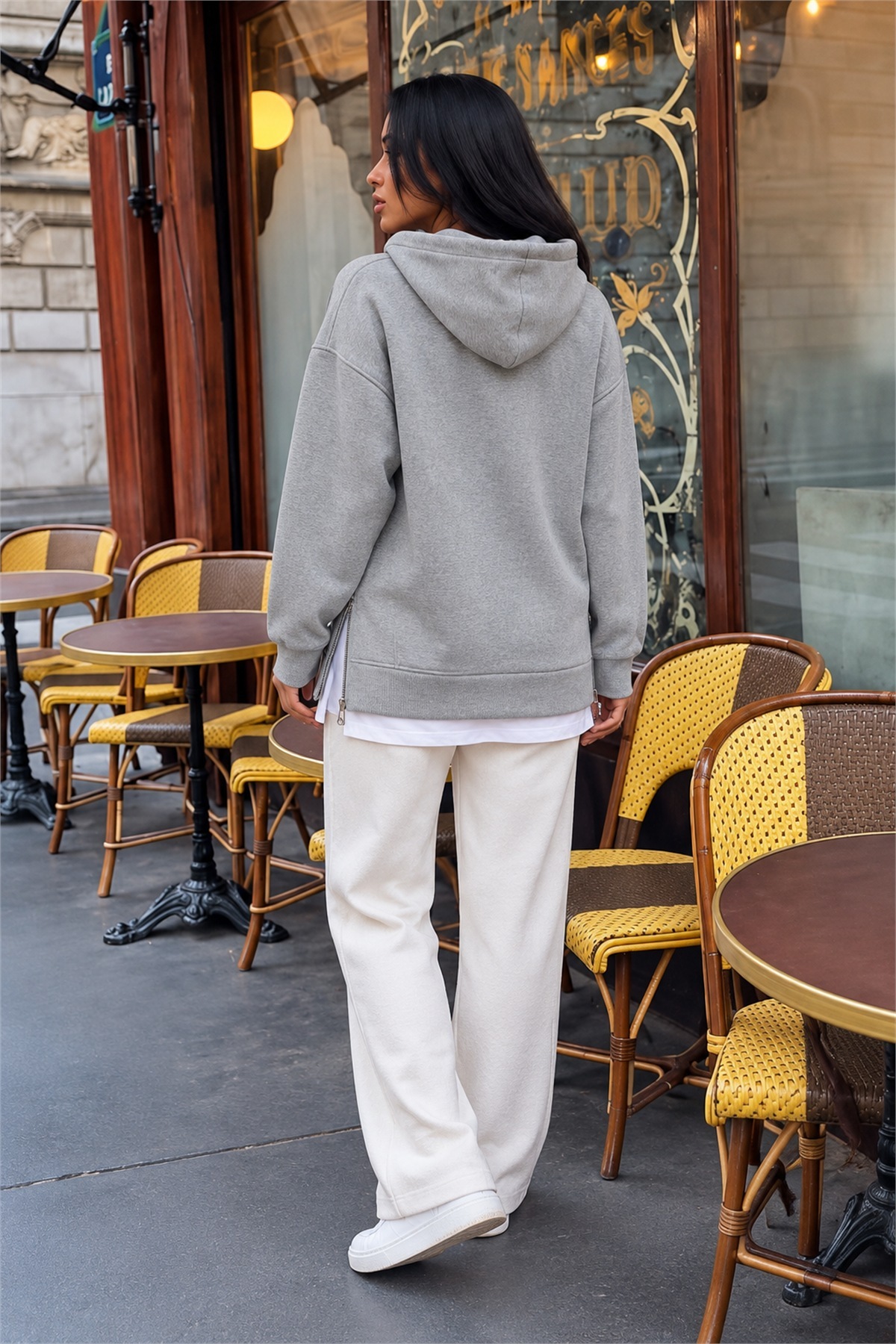 Kadın Kapüşonlu Uzun Kollu Bağcıklı Yanları Fermuarlı Şardonlu İki İplik Sweatshirt Günlük Rahat Şık Salaş Spor Bluz
