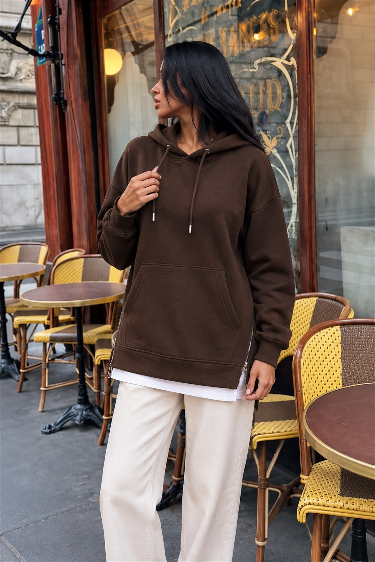 Kadın Kapüşonlu Uzun Kollu Bağcıklı Yanları Fermuarlı Şardonlu İki İplik Sweatshirt Günlük Rahat Şık Salaş Spor Bluz