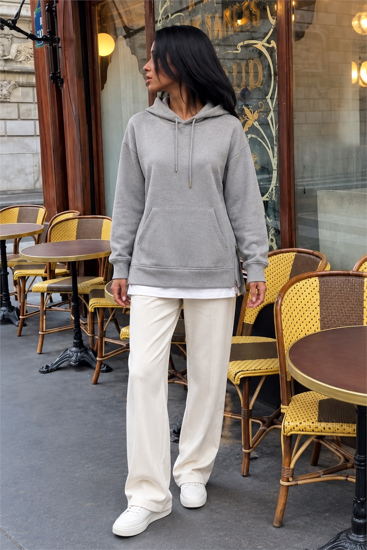 Kadın Kapüşonlu Uzun Kollu Bağcıklı Yanları Fermuarlı Şardonlu İki İplik Sweatshirt Günlük Rahat Şık Salaş Spor Bluz