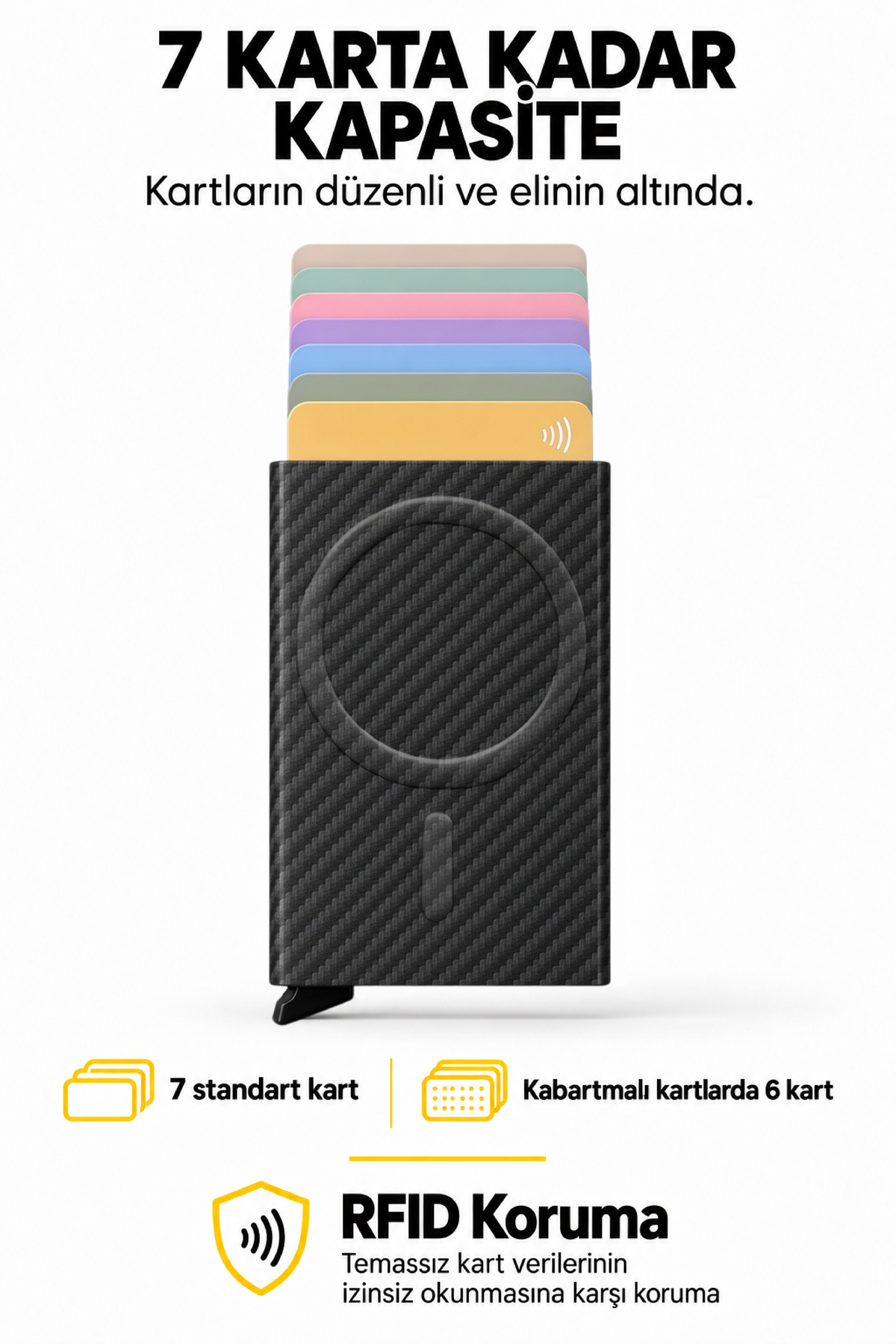 کیف کارت اعتباری اتوماتیک آلومینیومی با مکانیزم مگ‌سیف و محافظ RFID طرح‌دار مشکی کربن