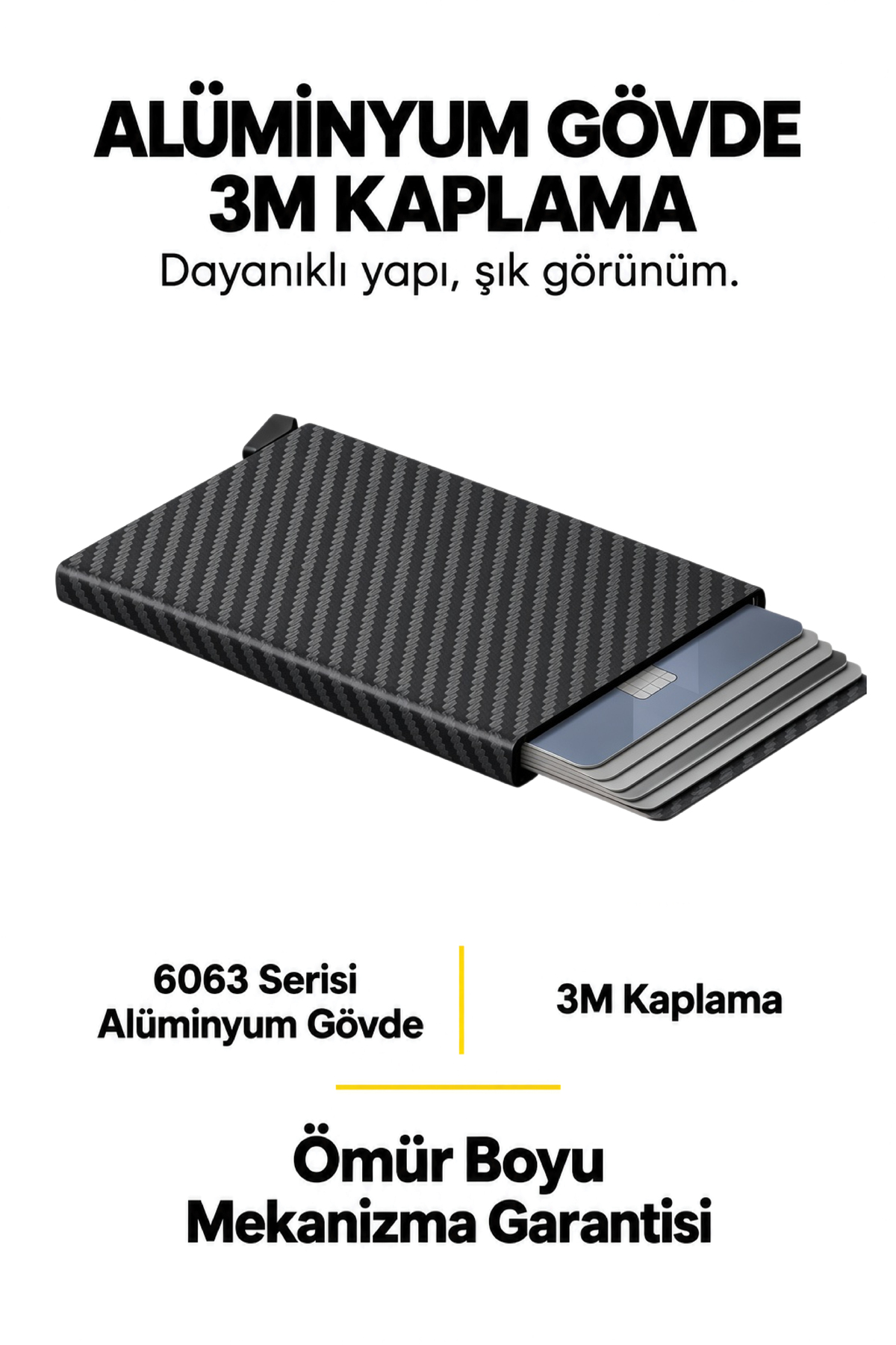 کیف کارت اعتباری اتوماتیک آلومینیومی با مکانیزم مگ‌سیف و محافظ RFID طرح‌دار مشکی کربن