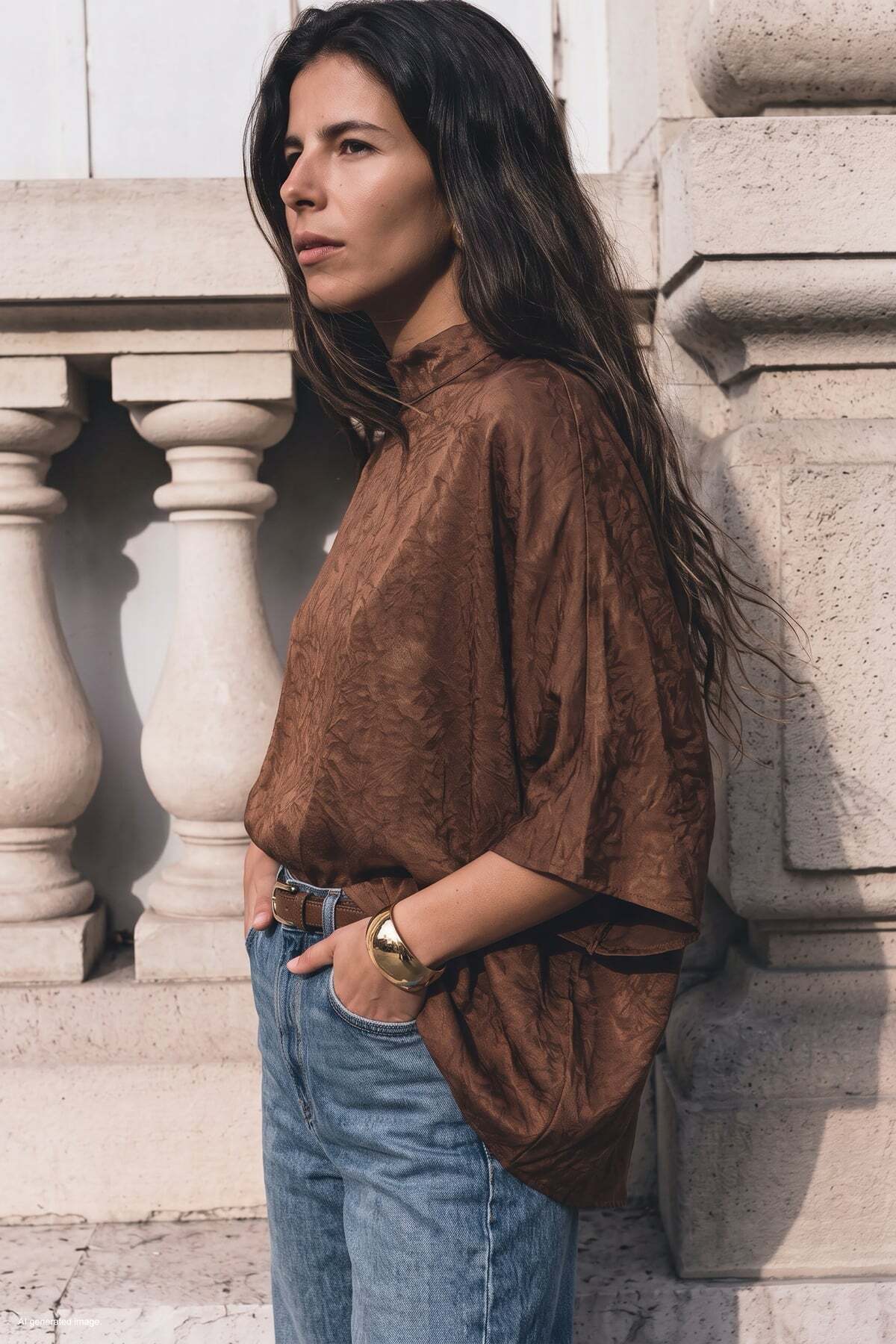 بلوز یقه برافراشته - قهوه‌ای روشن