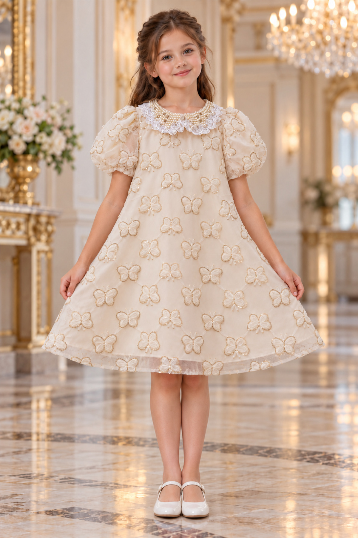 Girls Luxury Butterfly Embroidered Party Dress with Pearl Collar – Ivory Cream