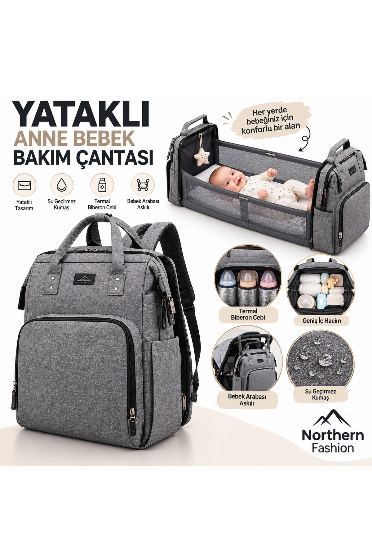 northern fashion Yataklı Anne Bebek Bakım Çantası, Su Geçirmez, Termal Biberon Cepli, Bebek Arabası Askılı Sırt Çantası