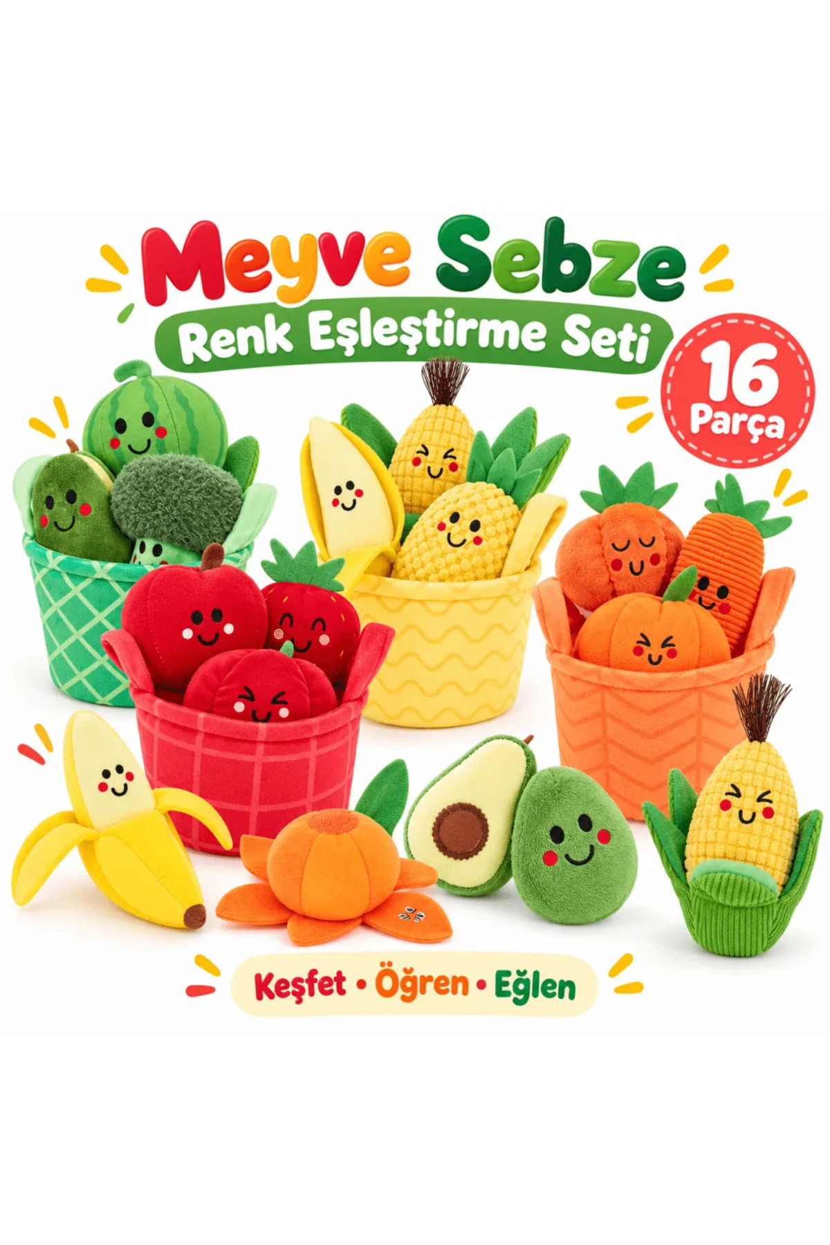 robokids Montessori Meyve Sebze Renk Eşleştirme Duyusal Bebek Oyuncağı – 16 Parça | RBKDS301