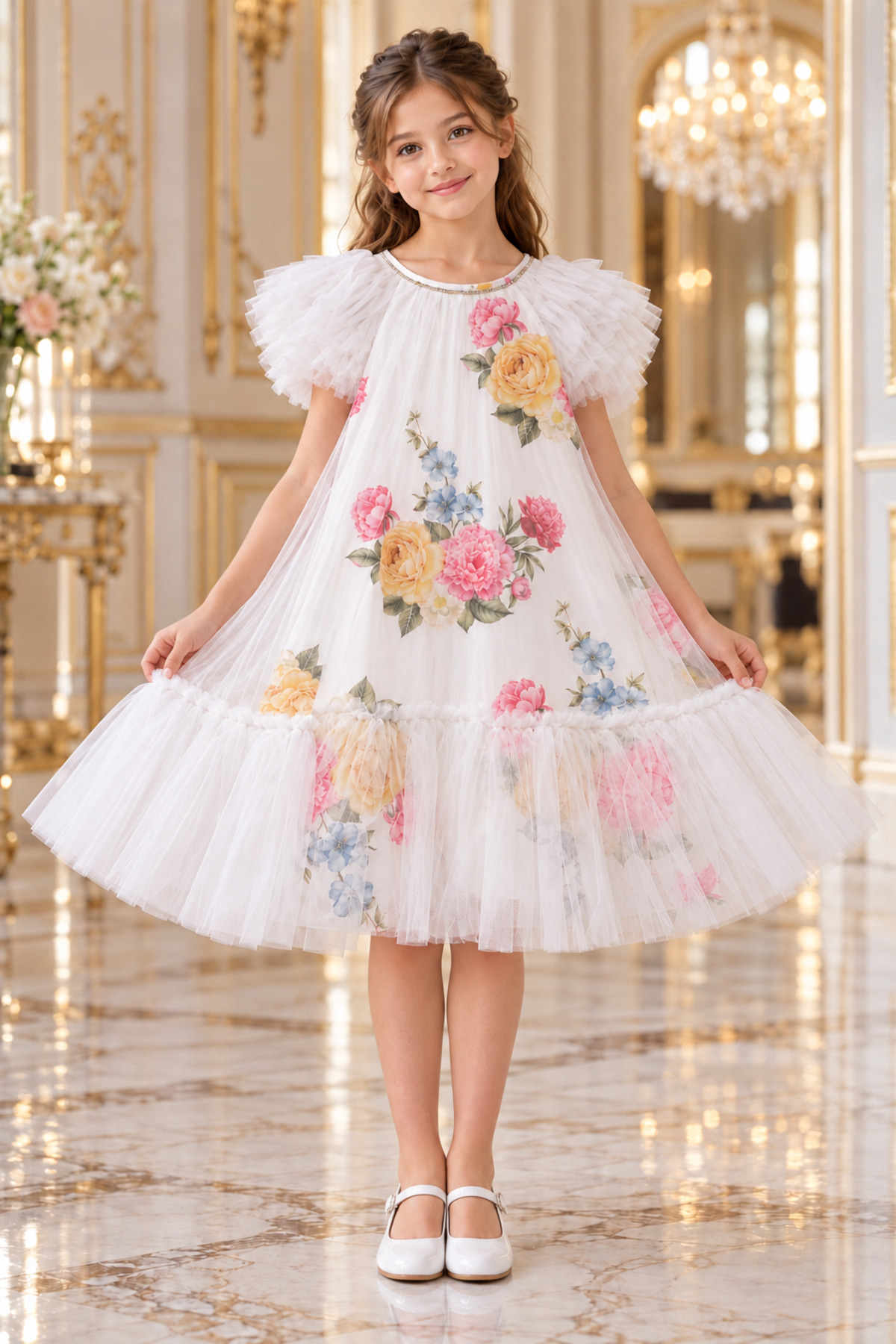 Girls' White Floral Dress with Tulle Ruffles