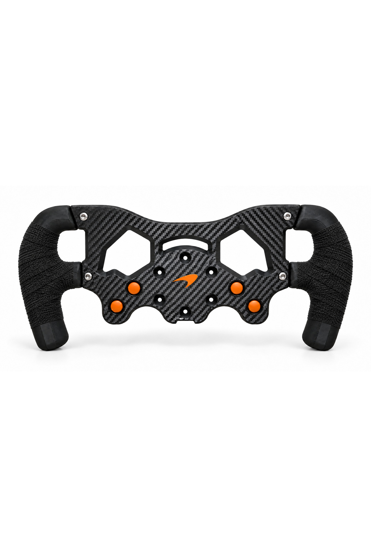 Logitech G29, G920 ve G923 uyumlu McLaren F1 kesik direksiyon kiti, takım logosu ve düğme ayrıntıları ve ön yüz görünümü.