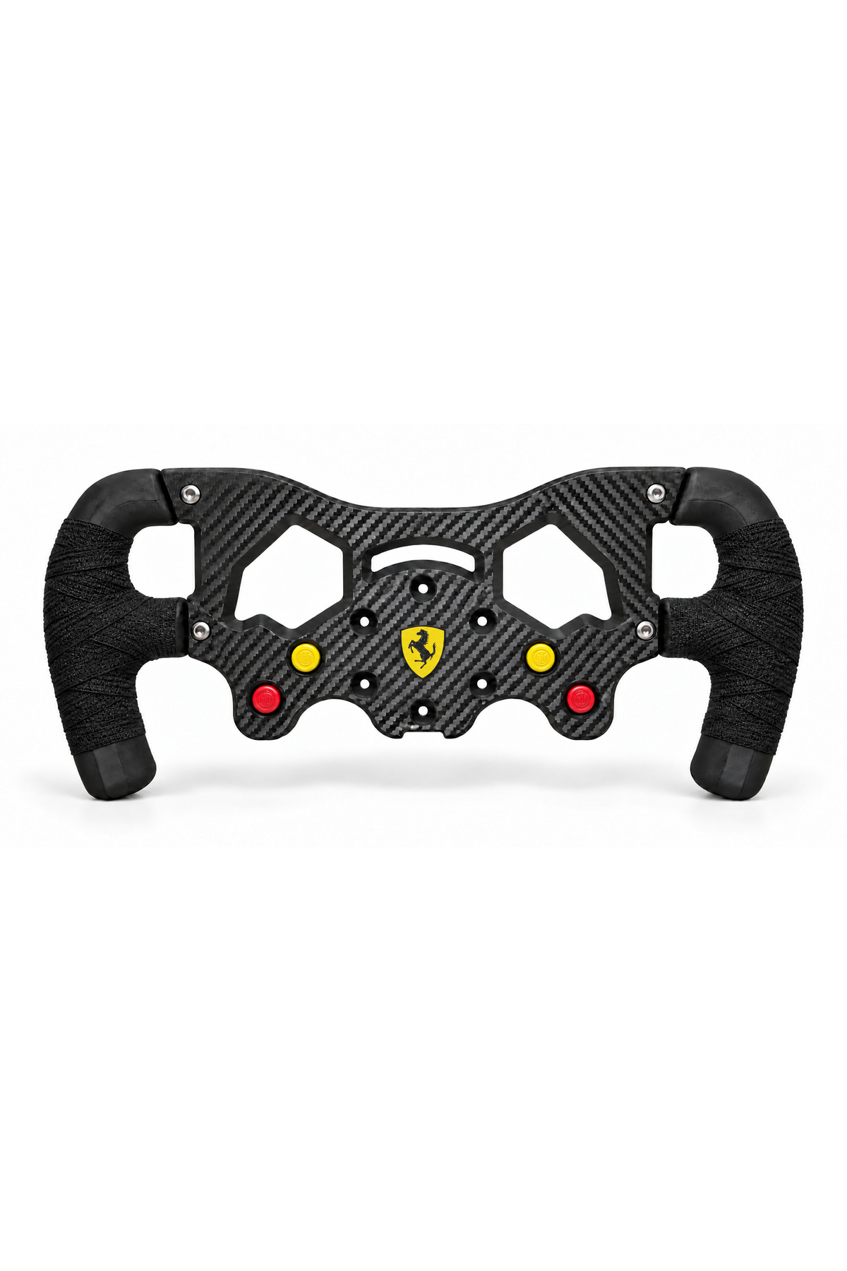 Logitech G29, G920 ve G923 uyumlu Ferrari F1 kesik direksiyon kiti, takım logosu ve düğme ayrıntıları ve ön yüz görünümü.