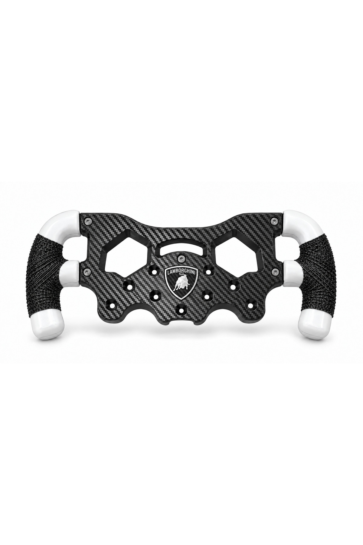 Logitech G29, G920 ve G923 uyumlu Lamborghini F1 kesik direksiyon kiti, takım logosu ve düğme ayrıntıları ve ön yüz görünümü.