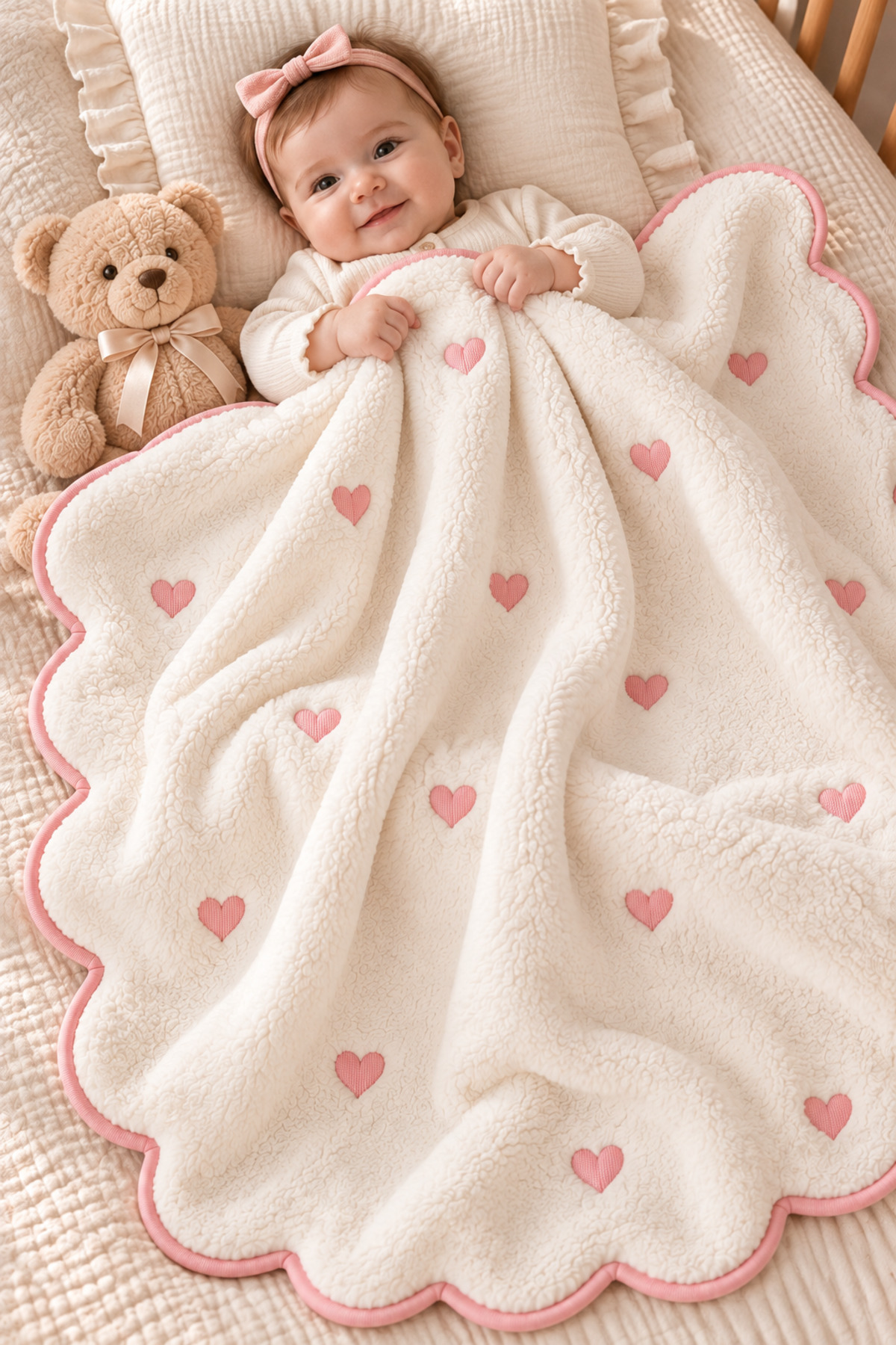 ZİLCA HOME Welsoft Bebek Battaniyesi Nakışlı, Dalgalı Kenarlı, Yumuşak Peluş