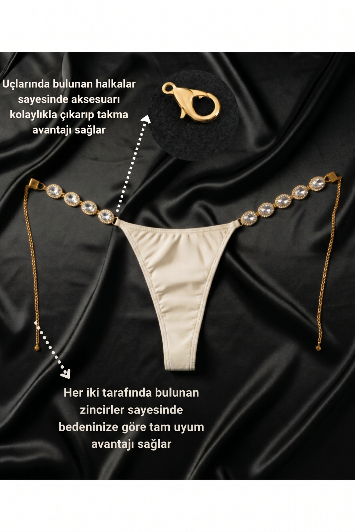 Gold Renk Kristal Taşlı Beli Ayarlanabilir Model String Tanga, Aksesuarlı Tanga