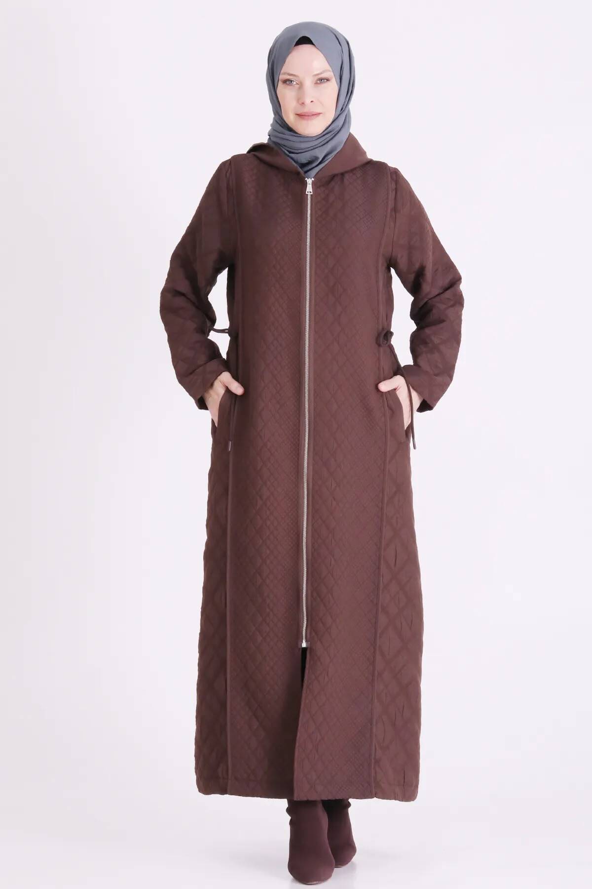 Yeni sezon büyük beden kapitone tam boy ferace kahverengi - Bej / 2XL