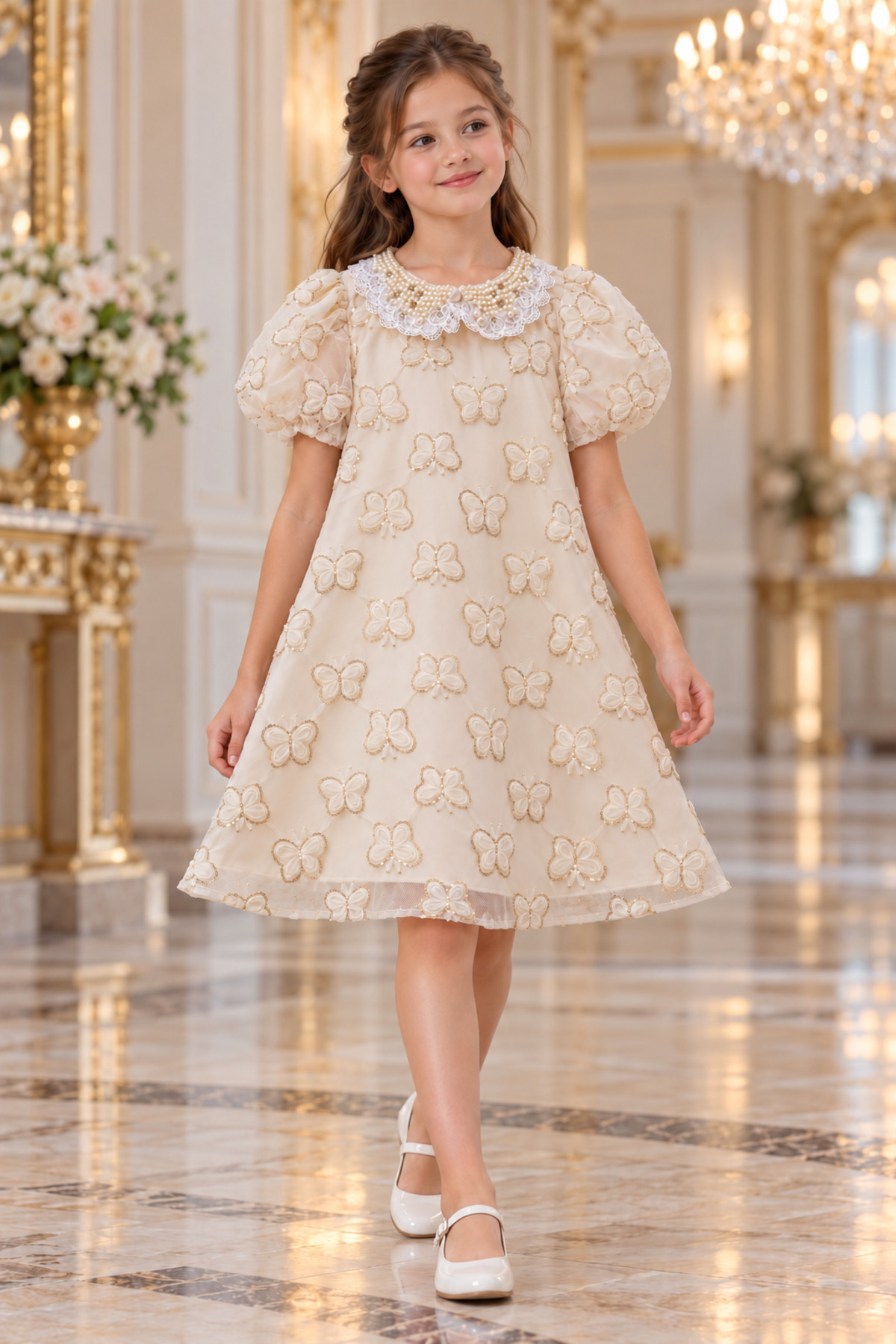 Girls Luxury Butterfly Embroidered Party Dress with Pearl Collar – Ivory Cream