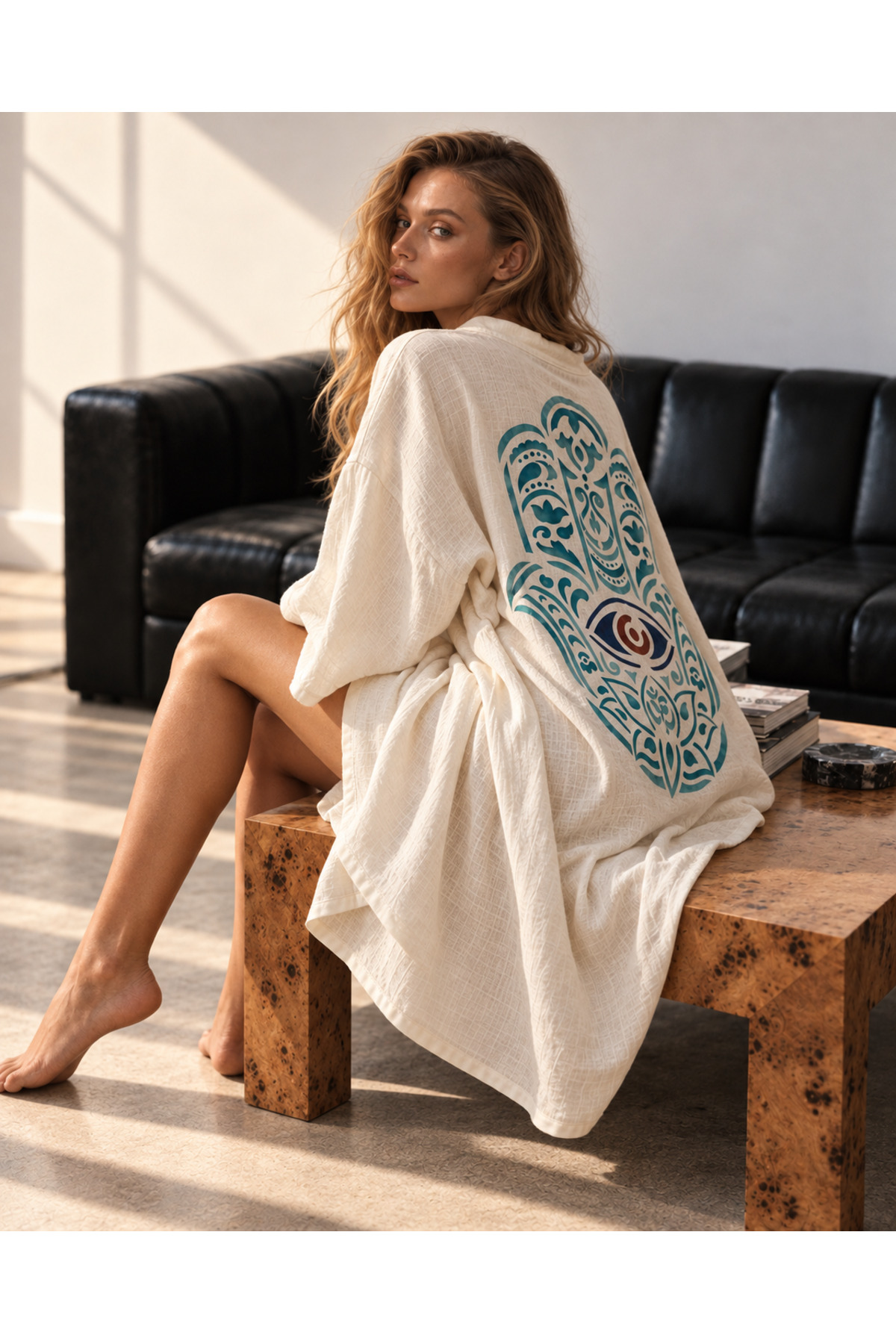 Büyük Hamsa Deseni Baskılı El yapımı Unisex Beyaz Bambu Kimono Kafta
