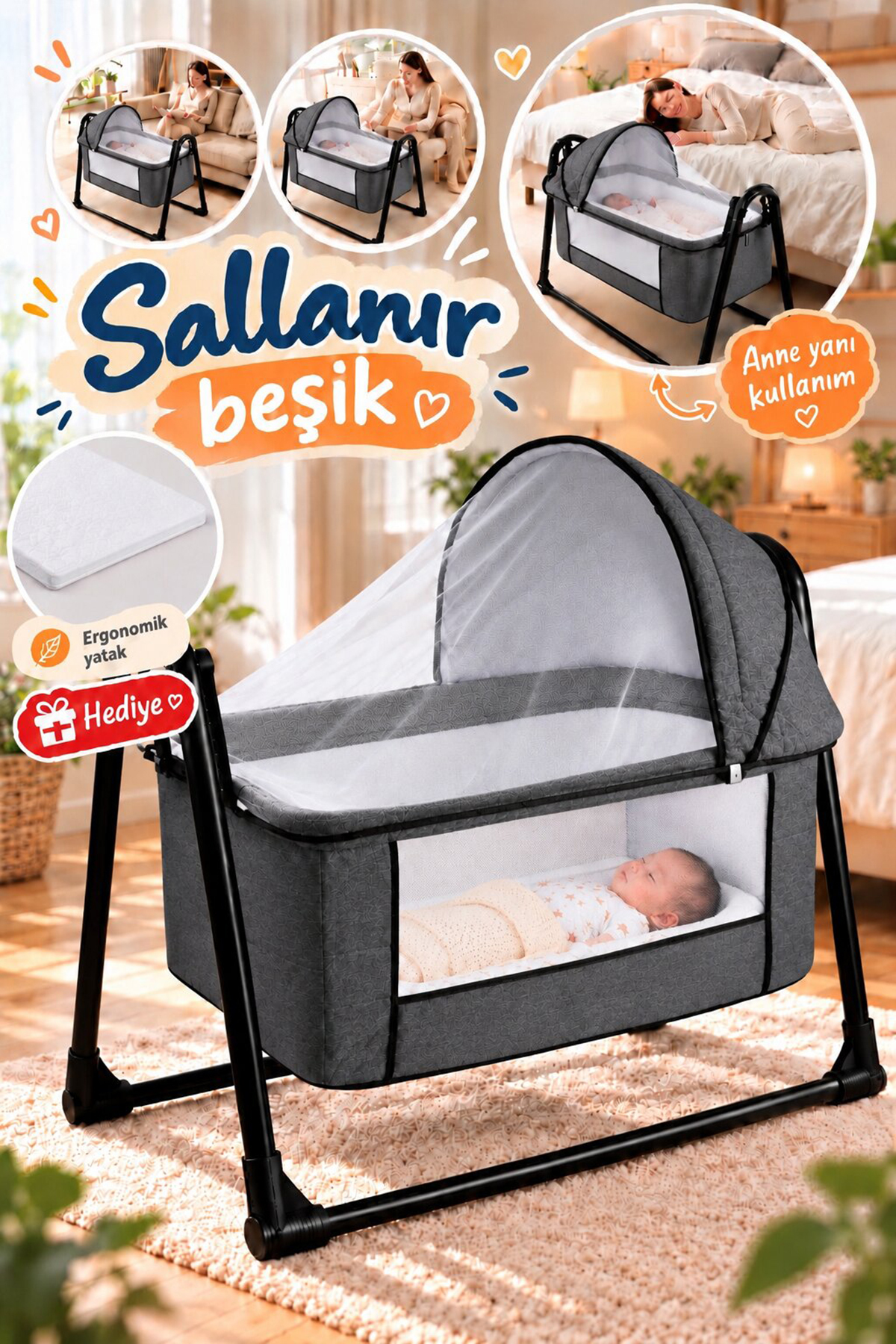 Baby Home Onest Anne Yanı Kalın Yataklı Cibinlikli Ve Tenteli, Sallanır. Portatif Sepet Beşik