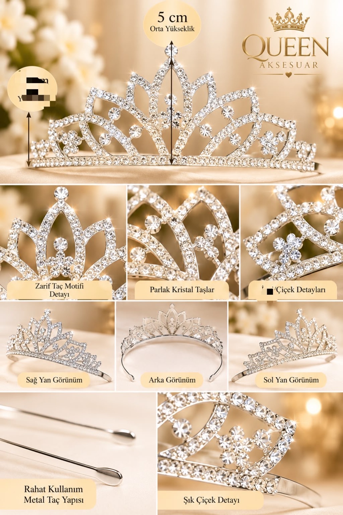 QUEEN AKSESUAR Luxurious Crystal Pearl Stone Peak Motif Tiara
