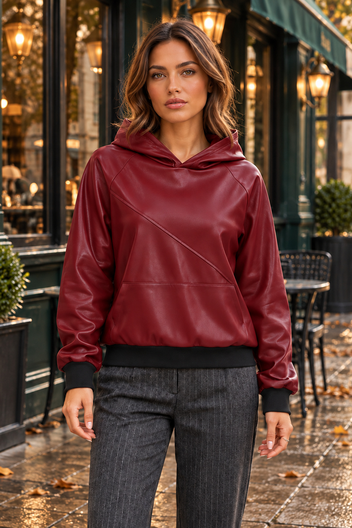 Kadın Uzun Kollu Kapüşonlu Kanguru Cepli Şardonlu Deri Sweatshirt Rahat Kesim Günlük Şık Model