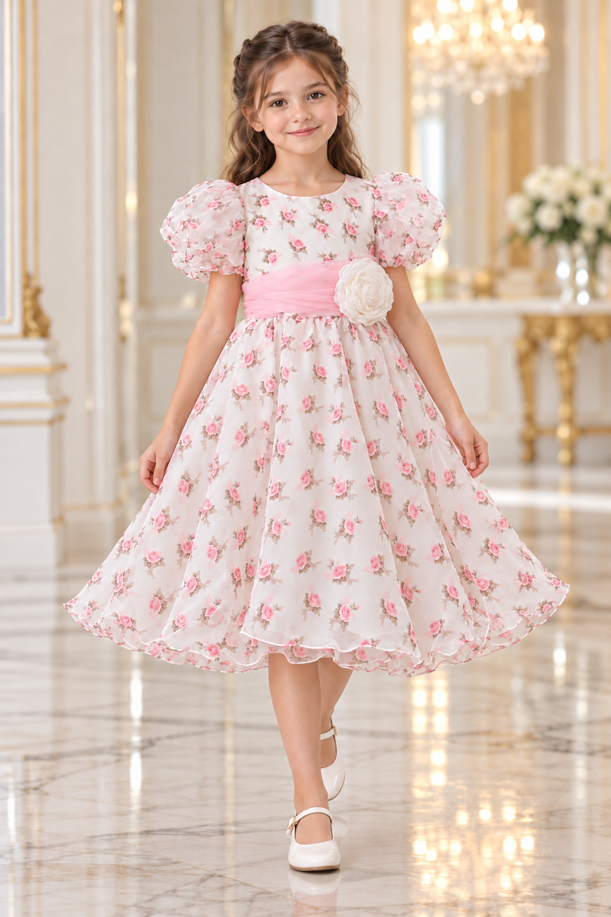 Girls White Floral Print Dress with Puffy Sleeves and Pink Belt