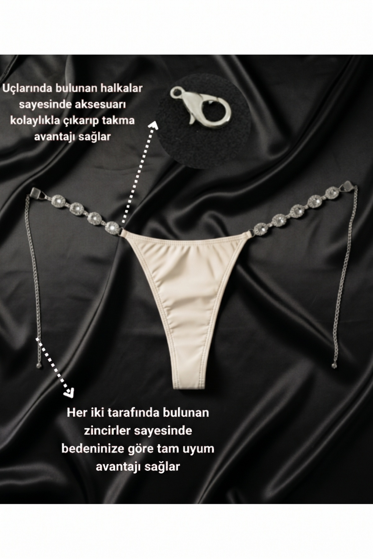 Beli Ayarlanabilir Gümüş Renk Kristal Taşlı Model String Tanga, Aksesuarlı Tanga