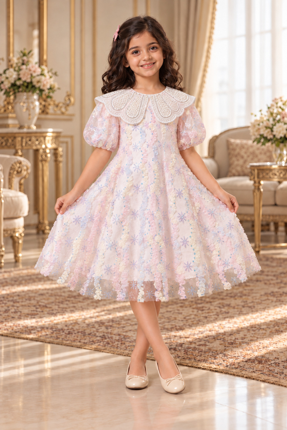 Girls' Light Pink Color Block Embroidered Color Block Dress with Pearl Embellished Collar and Puffy Sleeves for Occasions
