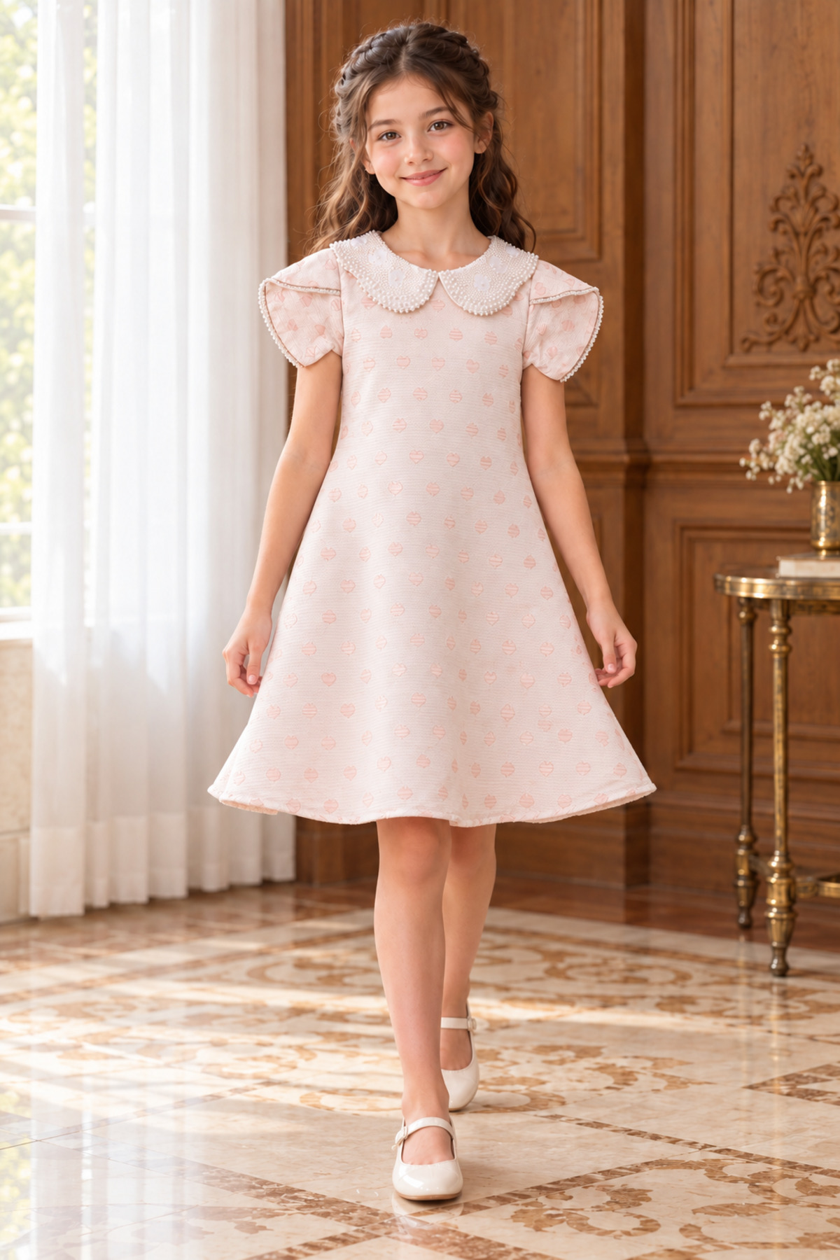 Girls Dress with Pink Heart Pattern, Pearl Decorated Collar and Short Petal Sleeves
